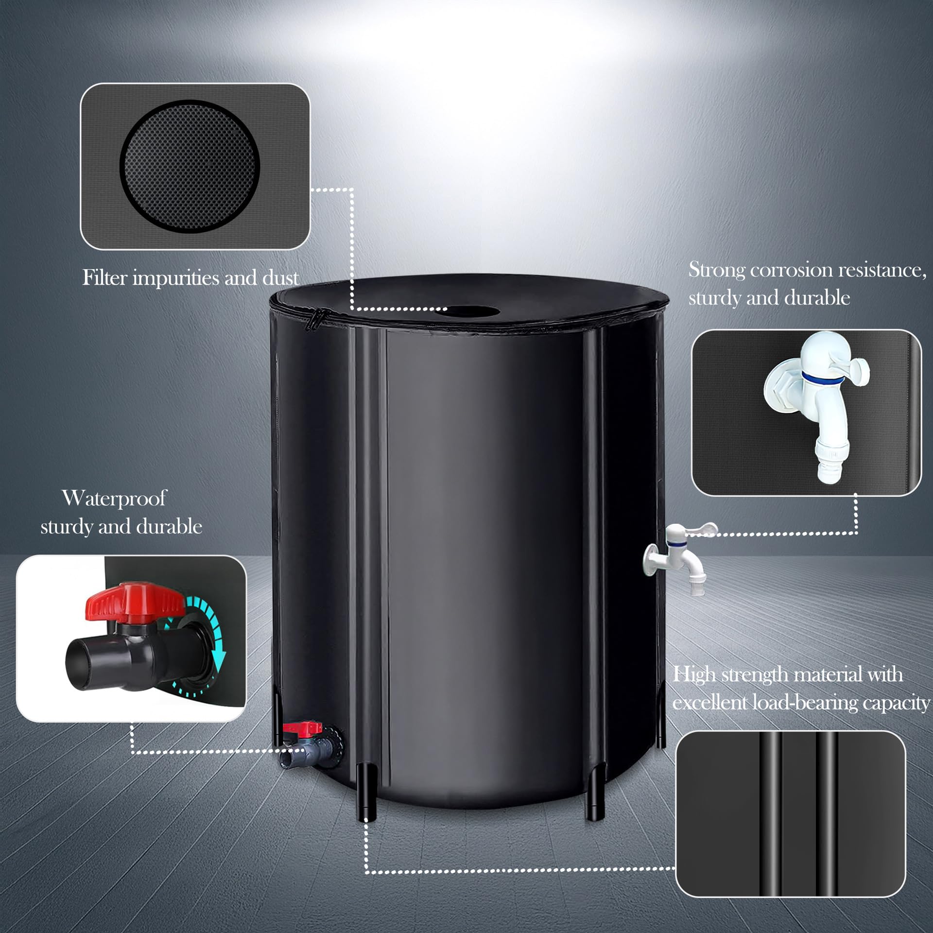 Colector de Agua de Lluvia Plegable de 50-1000L, depósito de Agua Plegable para jardín con Soporte, Grifo y Cubierta con Cremallera, para riego y Lavado de Coches Black 500L