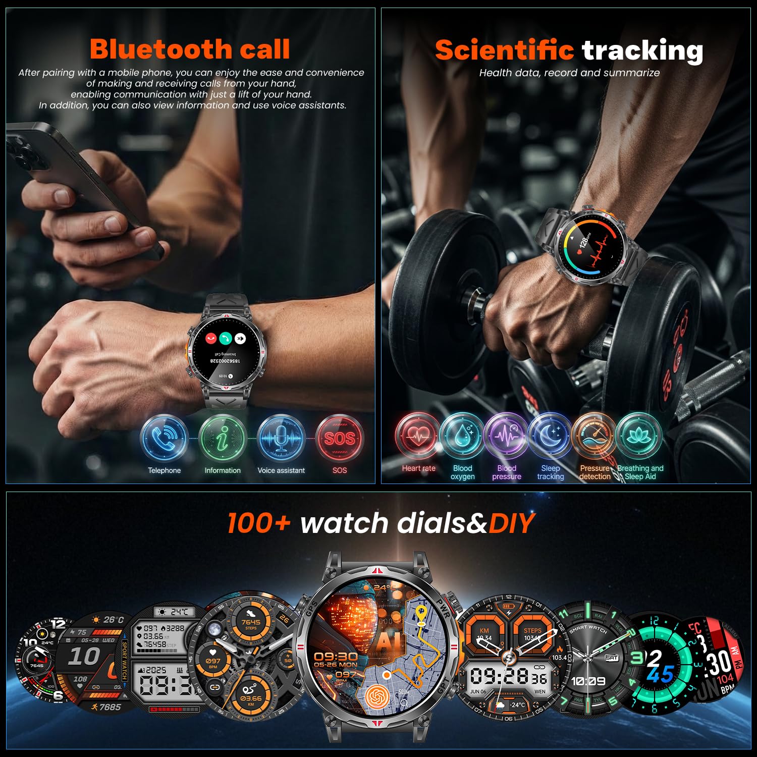 Orologio Smartwatch Uomo con GPS Sport: 1.7" AMOLED Orologi Intelligenti con GPT Effettua Risposta Chiamate 107 Modalità Sportive 3 ATM Pressione Sanguigna Frequenza Cardiaca Compatibile Android e iOS