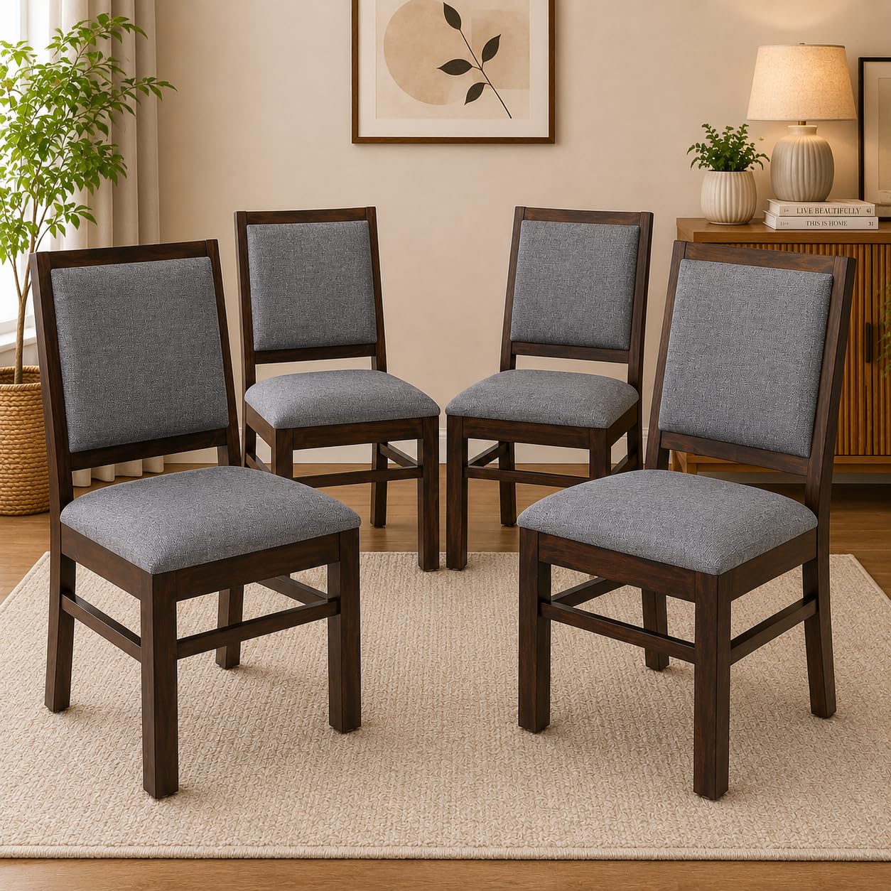 kendalwood furniture solid sheesham wood dining chair | multipurpose chair | dining chairs set of 4 for home & office|walnut finish with grey cushions
