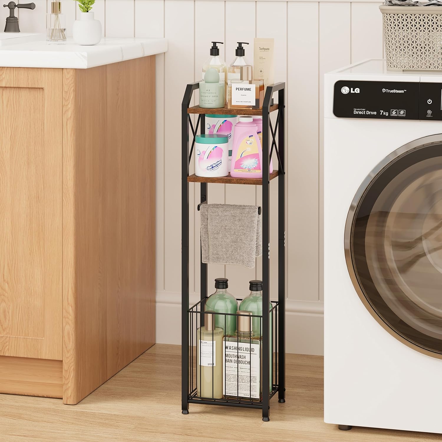 HapiRm Freestanding Toilet Paper Holder - 4-Tier Bathroom Tissue Organizer with Wood Shelves and Large Basket, Toilet Paper Holder Stand for Bathroom, Laundry Room, Apartment - Black（Small）