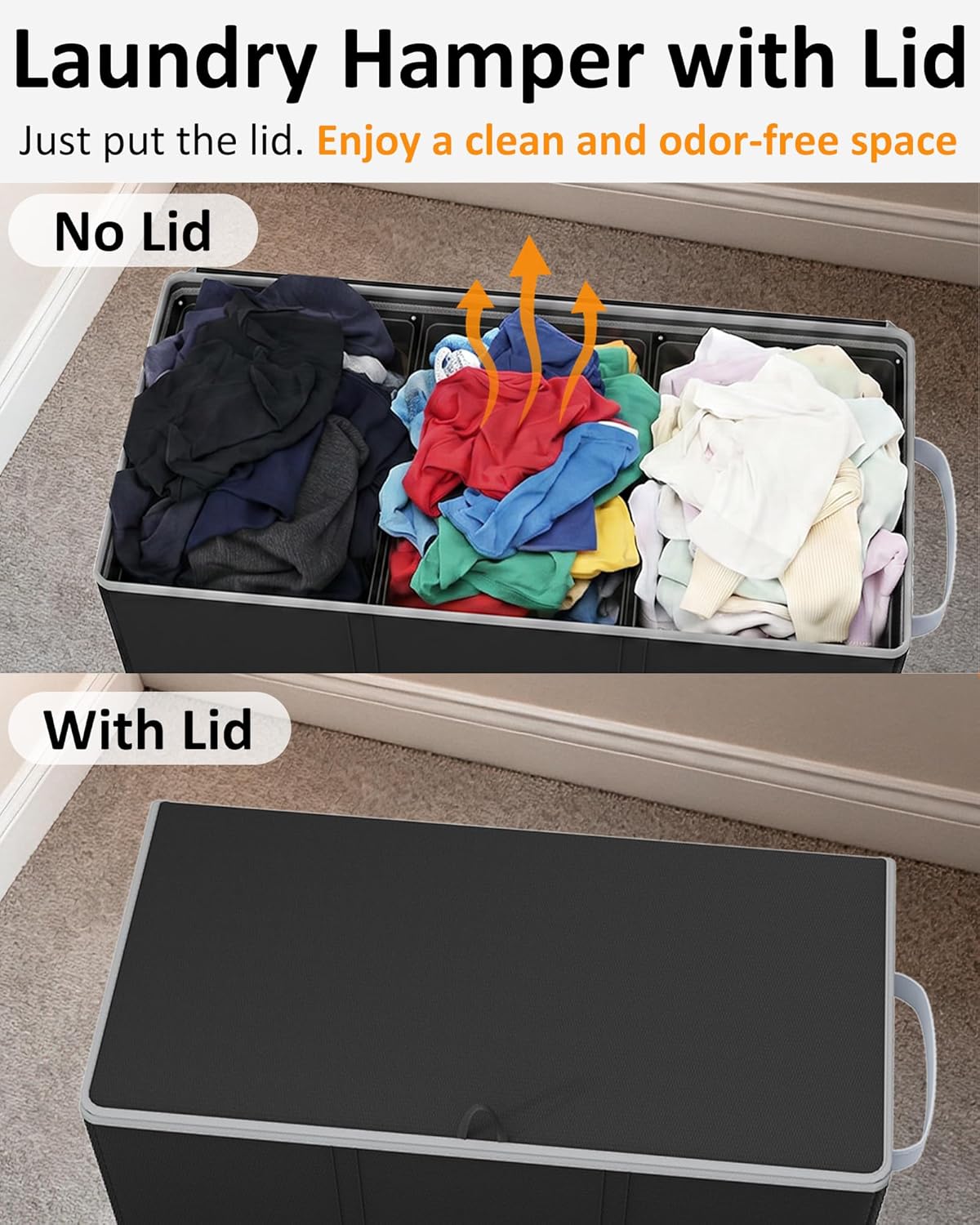 Optish 180L Laundry Hamper 3 Section, Large Laundry Hamper with Lid, Dirty Clothes Hampers with Handles, Laundry Basket Organizer for Laundry, Bedroom, Bathroom, Laundry Sorter Baskets, Black