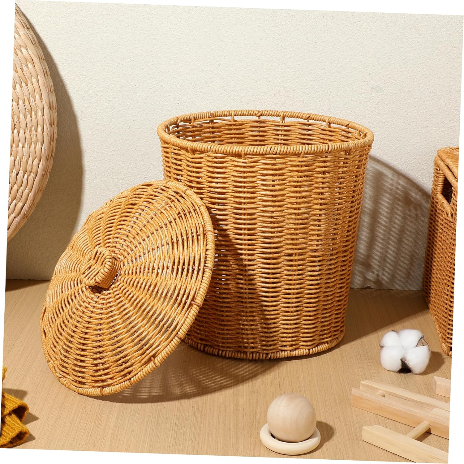 VICASKY Woven Laundry Basket with Lid PP Storage Bin for Clothes and Bedroom and Living Organizer Portable and Stable Home Storage