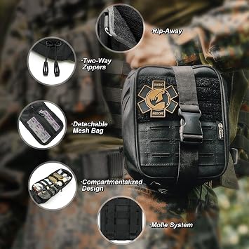 RHINO RESCUE IFAK Trauma Kit Standard with CAT Tourniquet Black | Military-Grade, Massive Bleeding Control, Tactical Molle Pouch, Professional First Aid Kit, HSA/FSA Approved