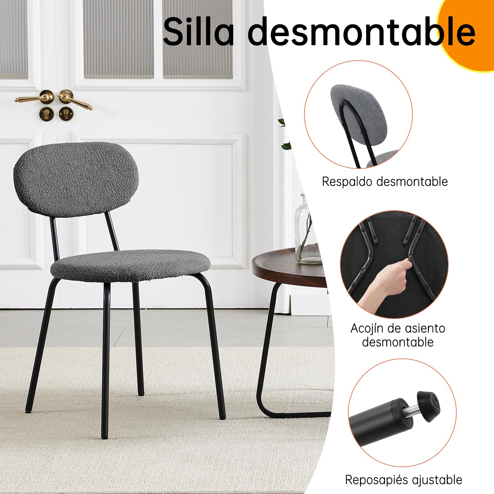 WAFTING Sillas de Comedor Pack de 6, Sillas de Cocina Apilables con Tapizado de Tela Teddy y Patas de Metal, Adecuadas para Salón, Cocinas, Salas de Estar, Dormitorios-Gris Oscuro