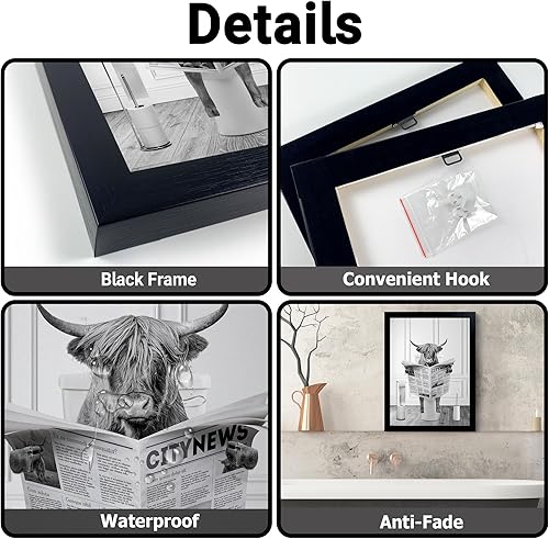 Miniatura 6 de Arte de pared de vaca de las tierras altas con marco negro en bañera, divertida imagen en lienzo en blanco y negro, impresiones de animales