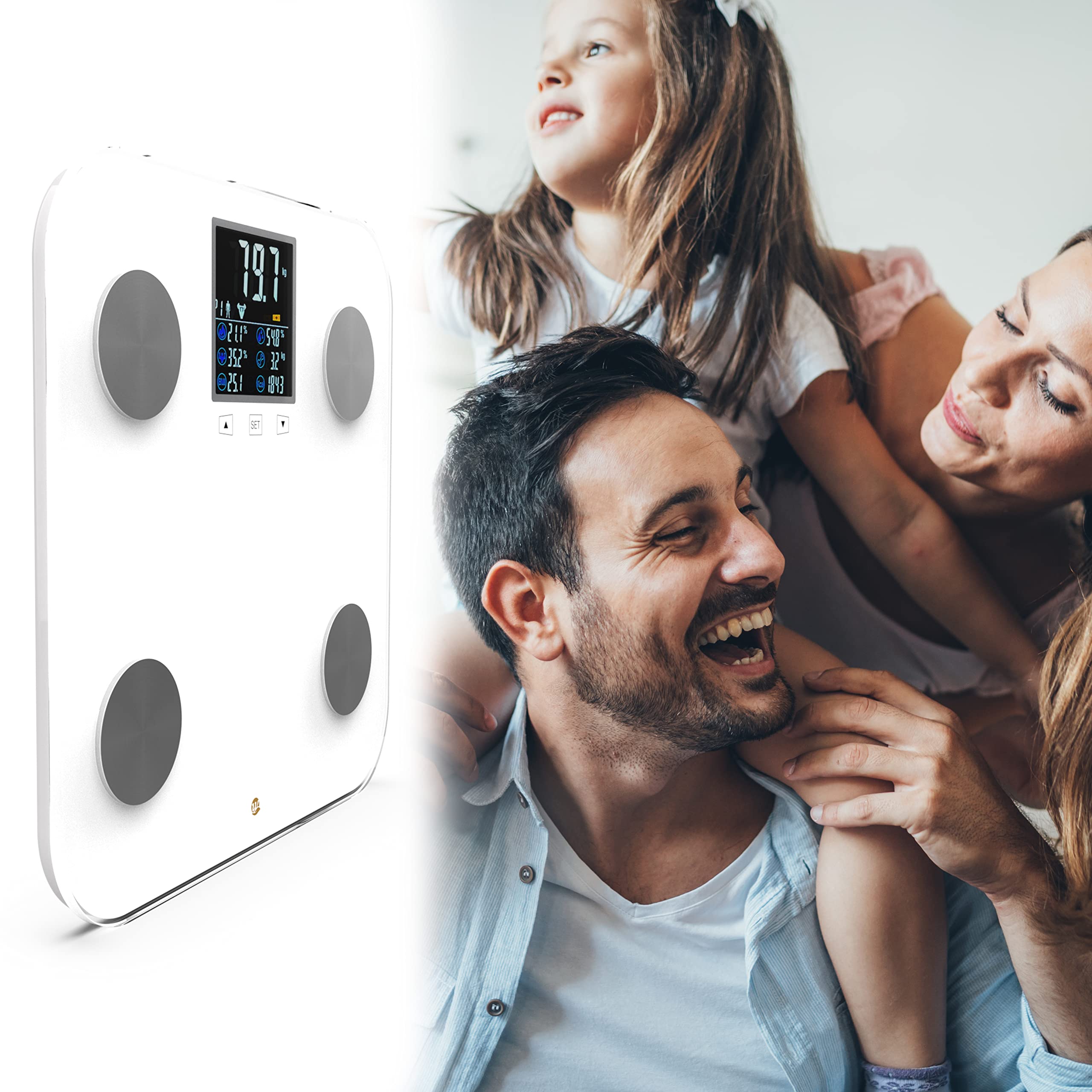Bilancia Digitale BMI | Controllo Del Peso e Display Digitale | Misura 18 Dati Essenziali | Multi-Utente | Monitoraggio Preciso dei Progressi | Sincronizzazione e Compatibilità | Bianco