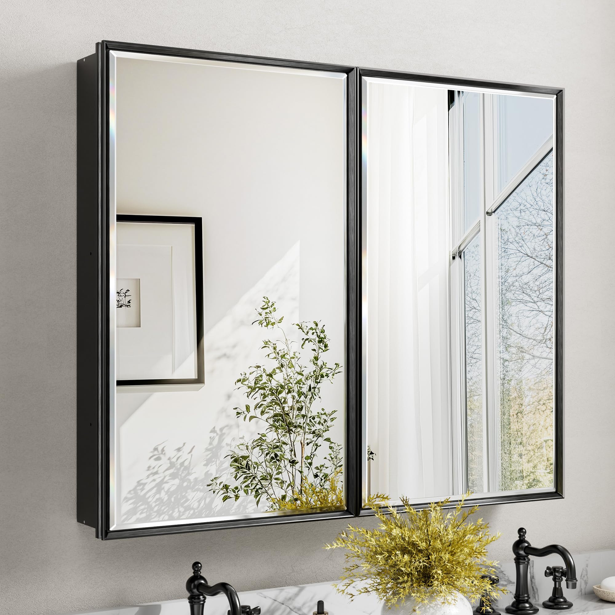 40x30 Pre-Assembled Black Medicine Cabinet with Mirror, Surface or Recessed Medicine Cabinet Mirror for Bathroom, Aluminum Beveled Frame Bathroom Vanity Mirror with Adjustable Shelves Storage