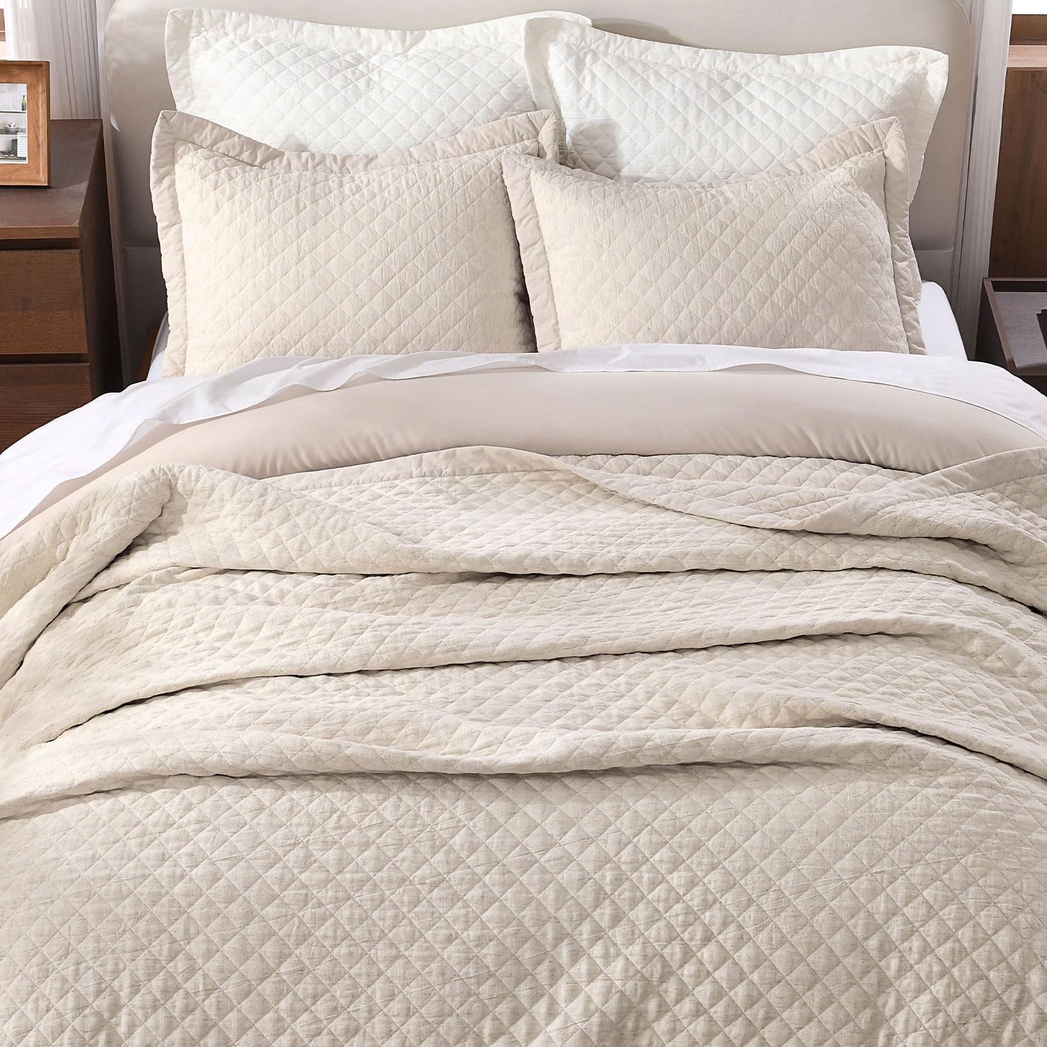 Grassix Linen Quilt Set Queen Size 3-Piece, 100% Linen Front & Cotton Back, Prewashed Diamond Stitch Bedspread with 2 Shams, Lightweight Breathable Quilt for Hot Sleepers, Modern Farmhouse Bedding - Image 9