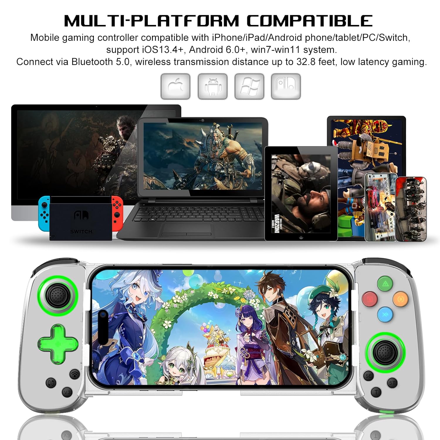 arVin Wireless Gaming Controller showing multi-platform compatibility with various devices like iPhone, iPad, Android phone, tablet, PC, Switch, PS4