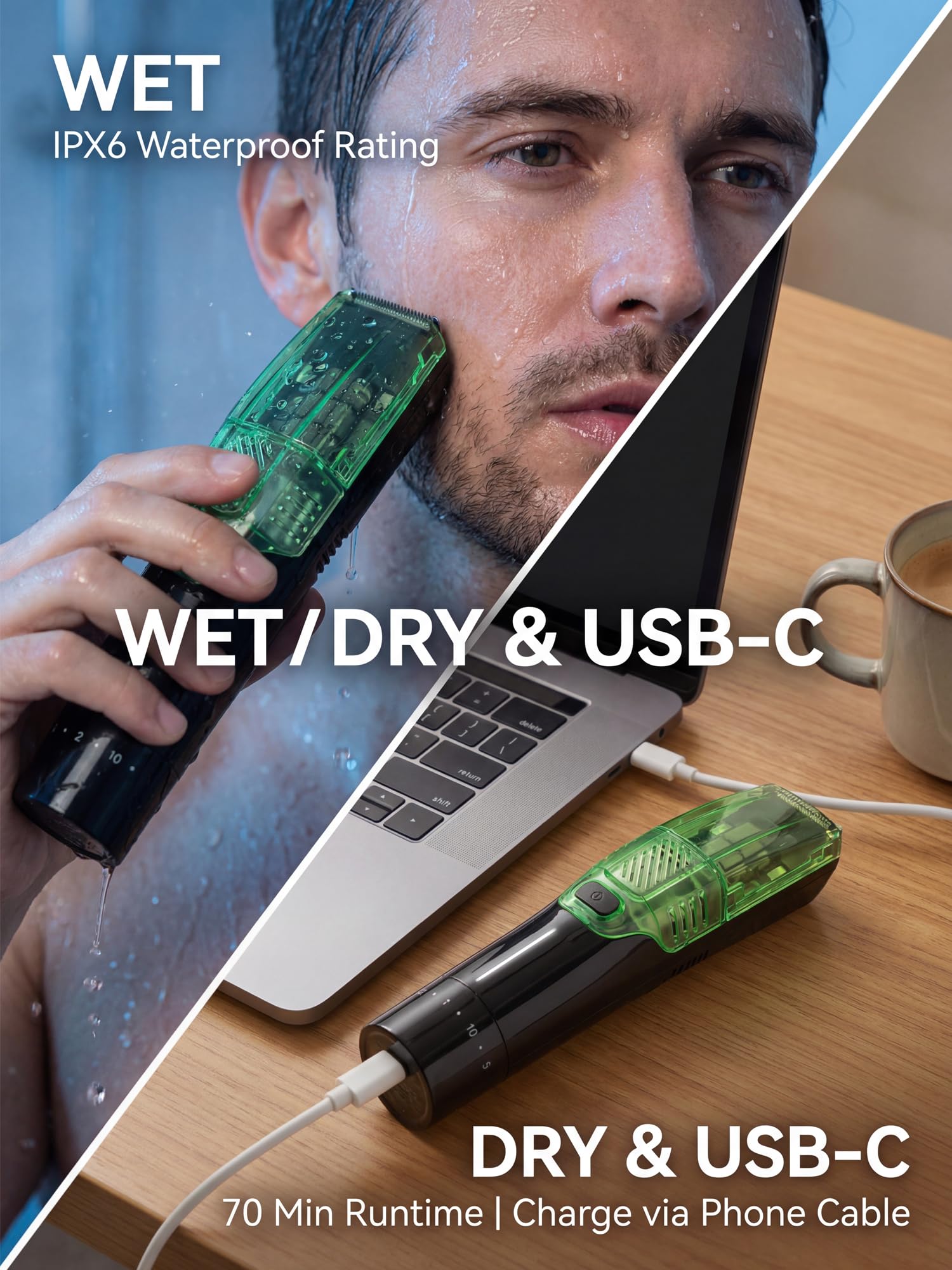 Regolabarba da uomo a vuoto – Aspirazione e potenza regolabili a 2 velocità, IPX6 impermeabile Wet/Dry Tagliacapelli senza fili. 40 impostazioni di lunghezza (0,5-20 mm), ricarica rapida USB-C