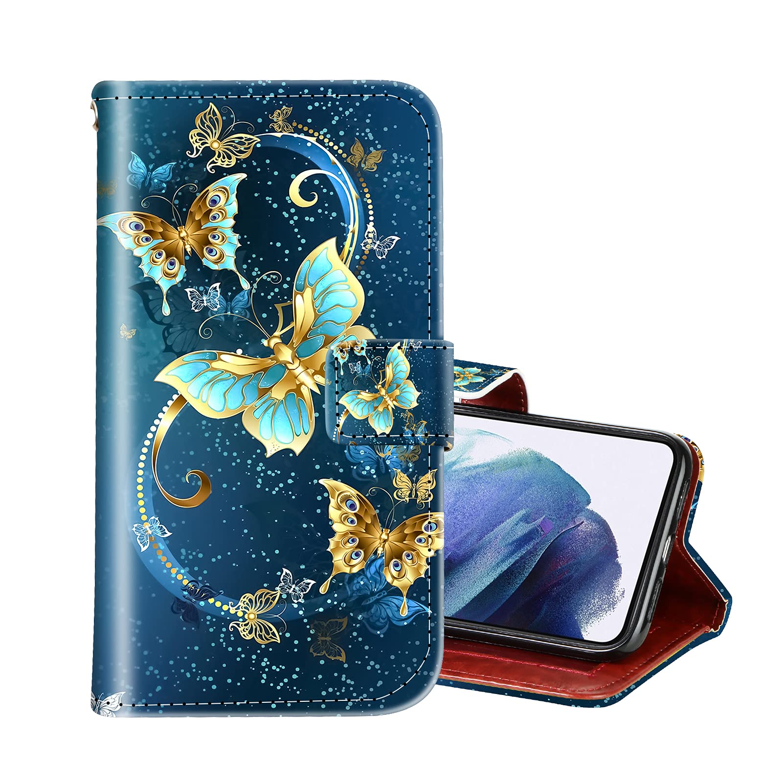OOK for Galaxy S21 Leather Case, Full Body Protective Flip Wallet Case with Card Slot and Kickstand, Butterfly Design for Women for Girls Suitable for Samsung Galaxy S21 6.2 Inch Butterfly Blue