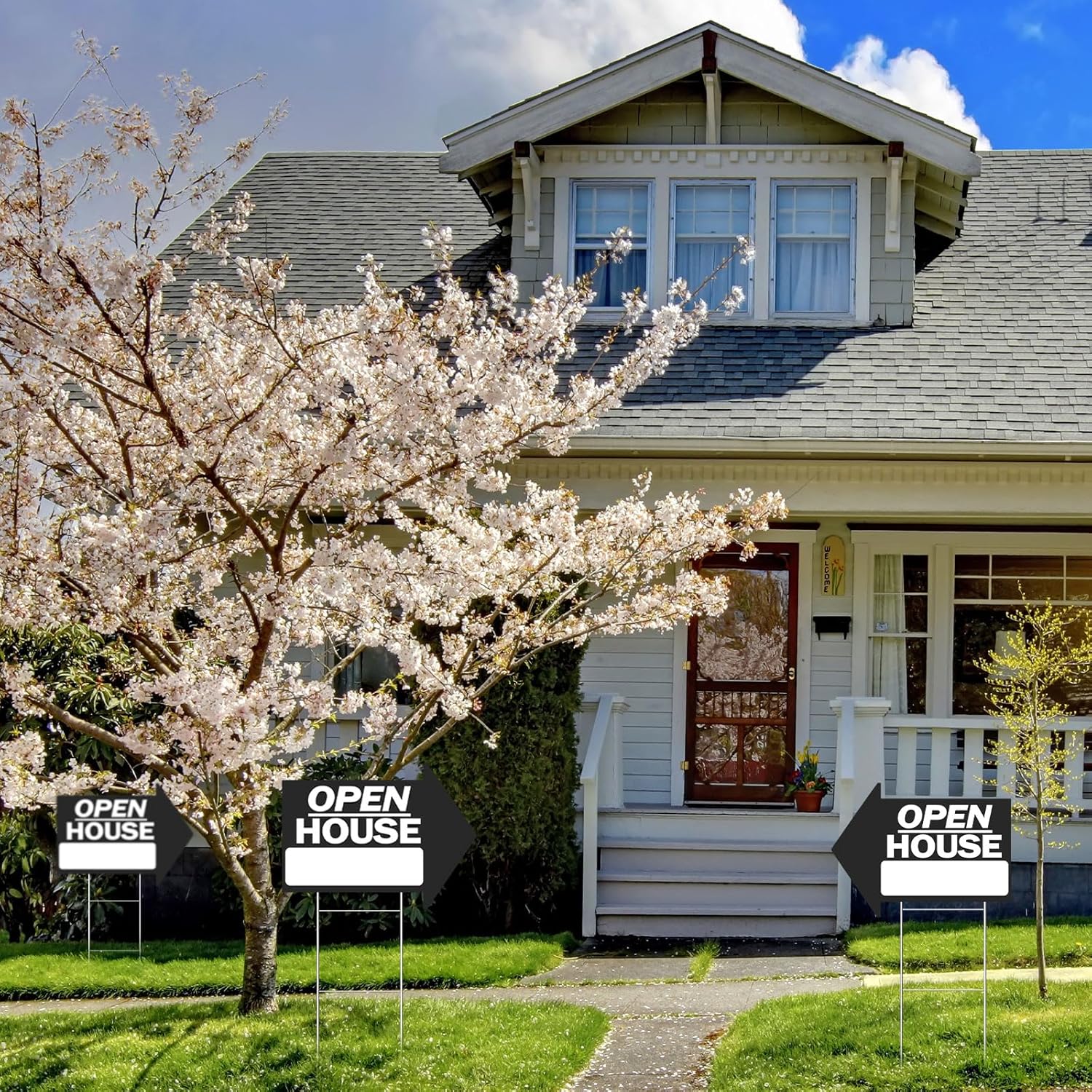 Juexica 7 Pcs Open House Signs for Real Estate 18 x 24 Inches Arrow Shape Directional Double Sided Real Estate Signs Weather Proof with H Wire Stakes for Agent Supplies(Black)