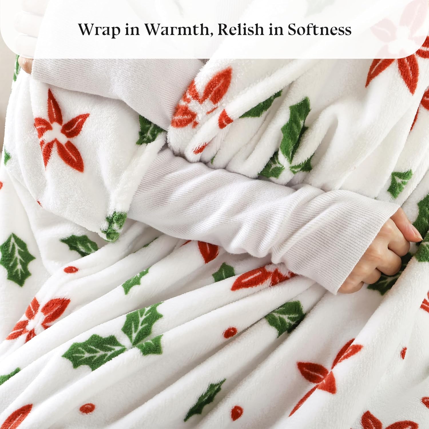 Christmas Fleece Print Throw Blanket, Super Soft Plush Cozy Fuzzy Red Floral and Green Leaves Printed Throw Blankets for Couch Sofa Bed, and Home, Microfiber Flannel, All Seasons 50x60 Inches - Image 3