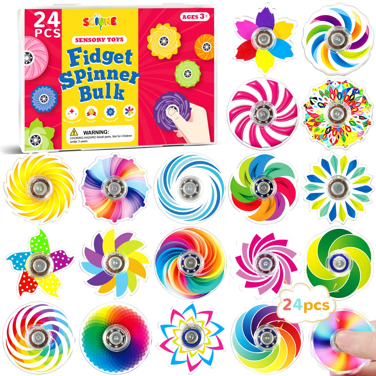SCIONE Lot de 24 Fidget Spinners pour Enfants – Mini Hand Spinners Colorés, Jouets Sensoriels Arc-en-Ciel, Remplissage de Sachets pour Cadeaux d’Anniversaire,Récompenses de Classe (4cm)