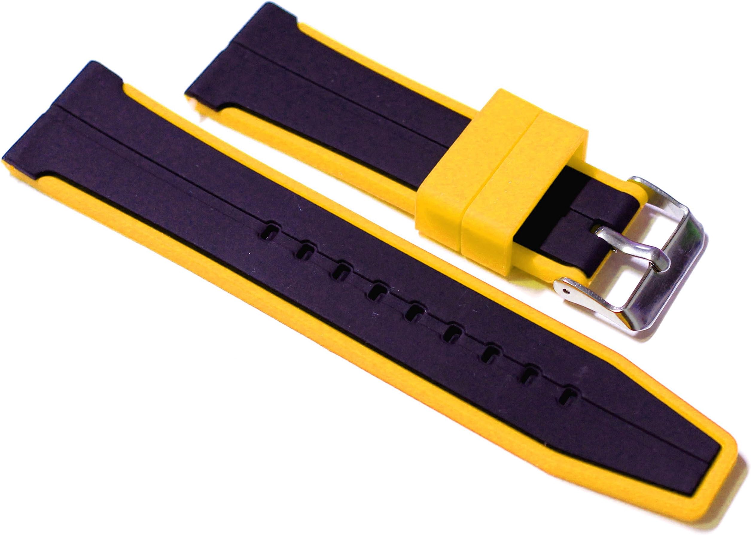 24mm Watch Strap. Black with Yellow Edge in Silicone Rubber.