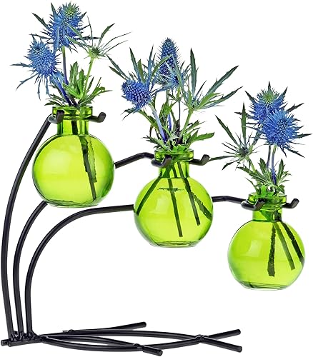 Miniatura 2 de M504-200-09 Casablanca Tres jarrones de vidrio reciclado y soporte de metal, 7 12", aguamarina, 1 pieza