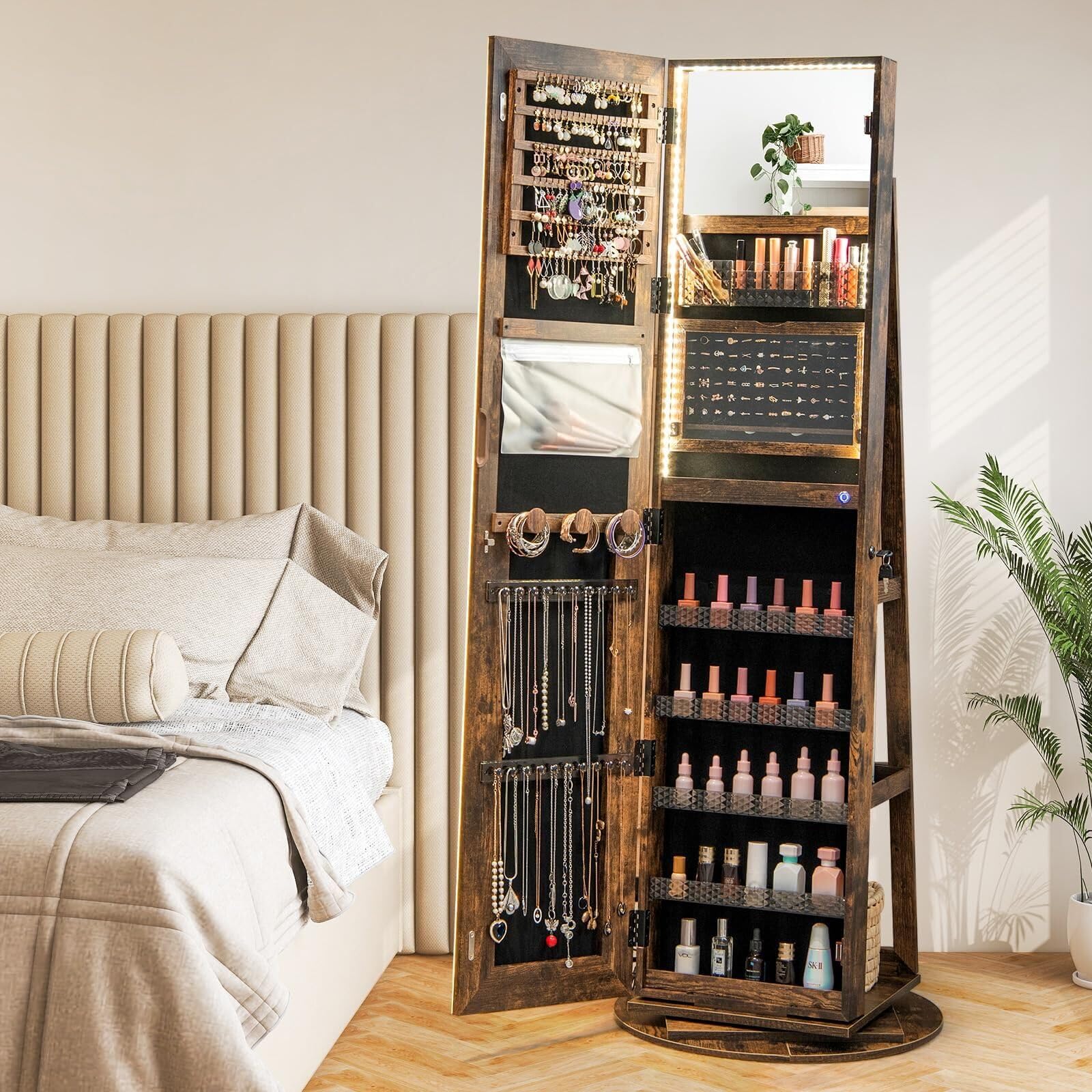 RELAX4LIFE Schmuckschrank, Schmuck Spiegelschrank stehend, Standspiegel mit LED-Lichtern, mit Ganzkörperspiegel, 3 Ablagen, 360° drehbar, abschließbar, mit Schlüsseln(Kaffee)