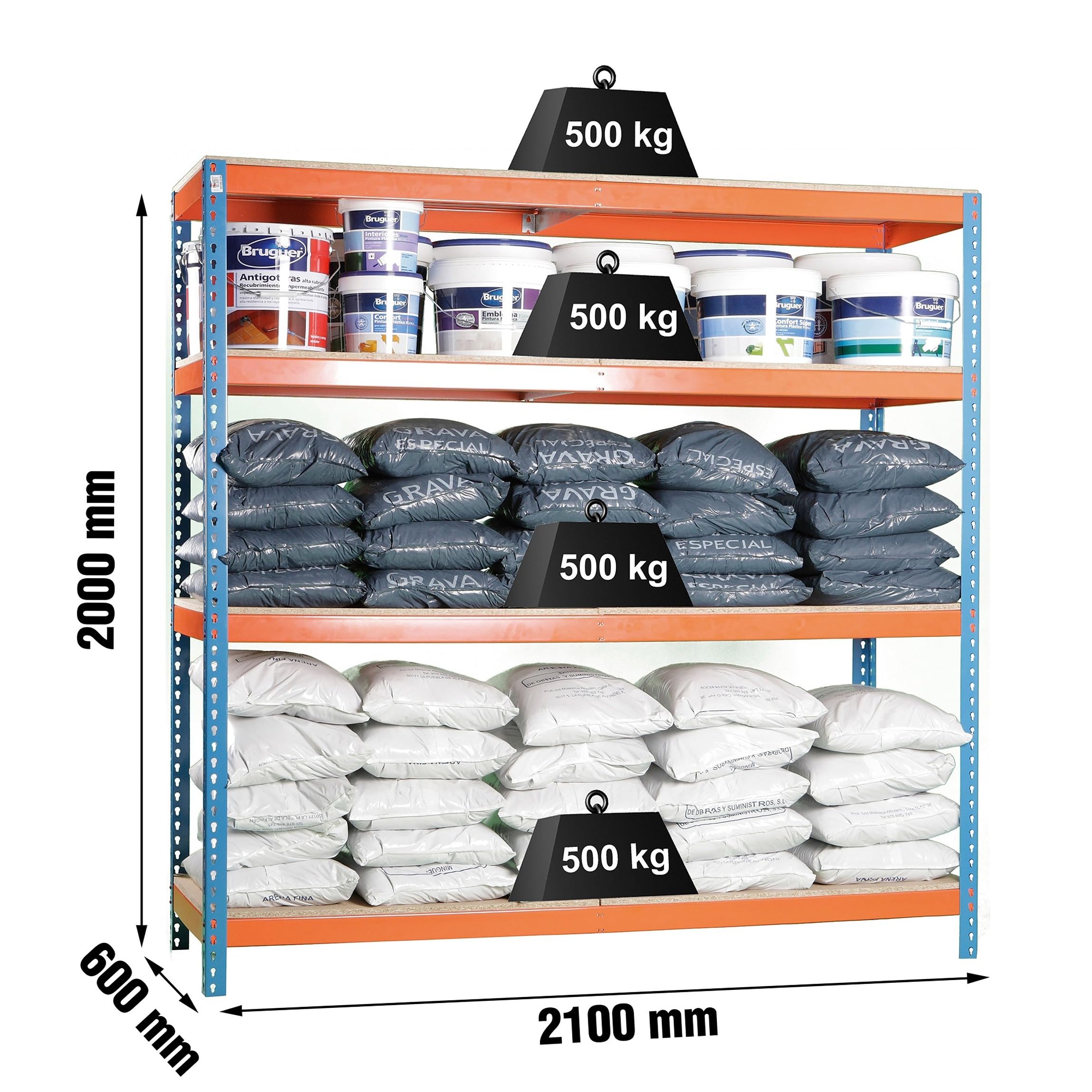 Simon Rack Estanteria Industrial, 2000x2100x600 mm, 500 kg de Punto Flexión, 4 Estantes Madera, Estanterias Almacenaje, Estanterias Metalicas, Azul/Naranja/Madera - SimonTaller