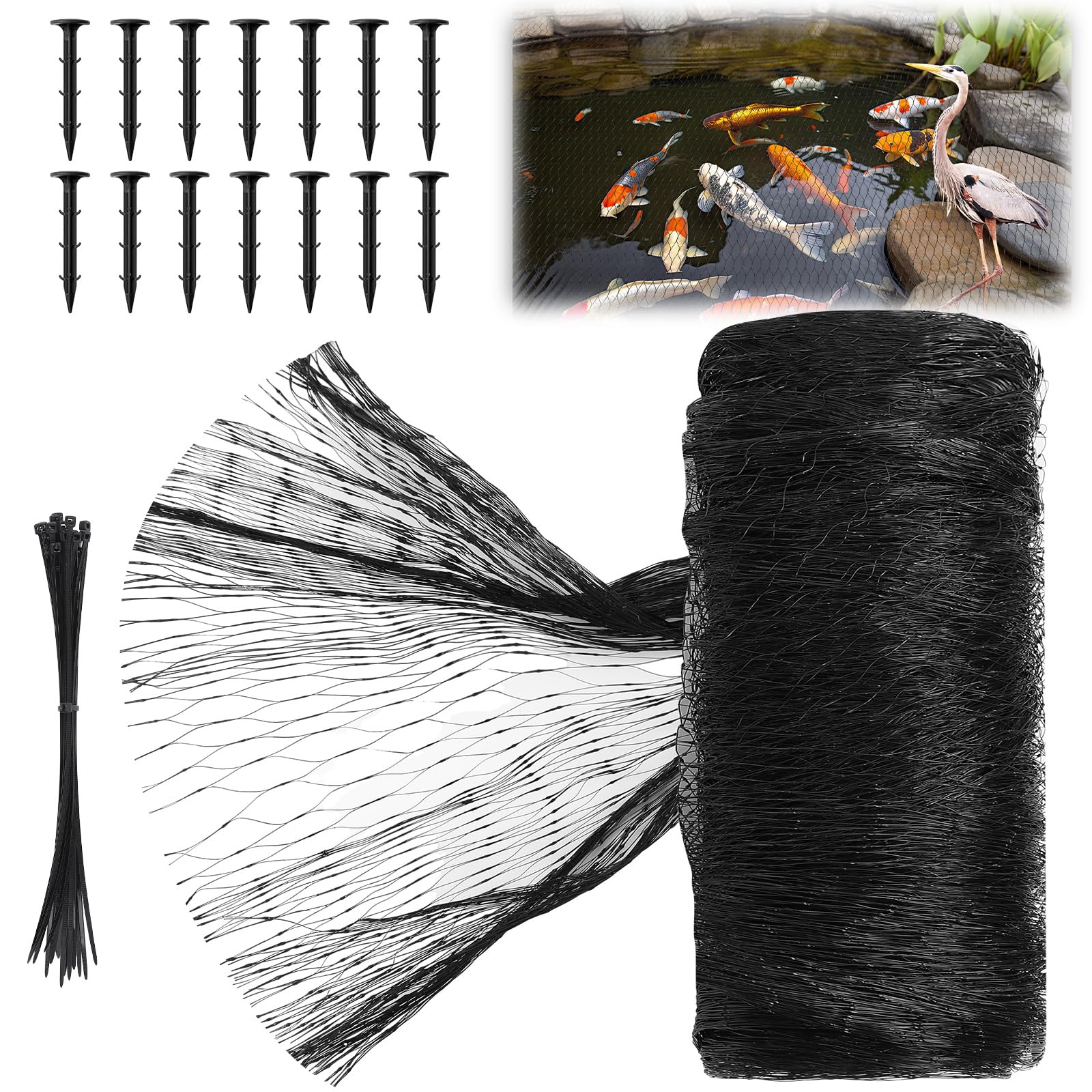 Koi Pond Netting Kit 10 x 10ft, Bird Deer Fence Netting, Durable Net Cover for Leaves, Heavy Duty Fine Mesh, Protect Fish from Blue Heron Birds, Cats &amp; Predators, 14pcs Stakes &amp; Ties Included