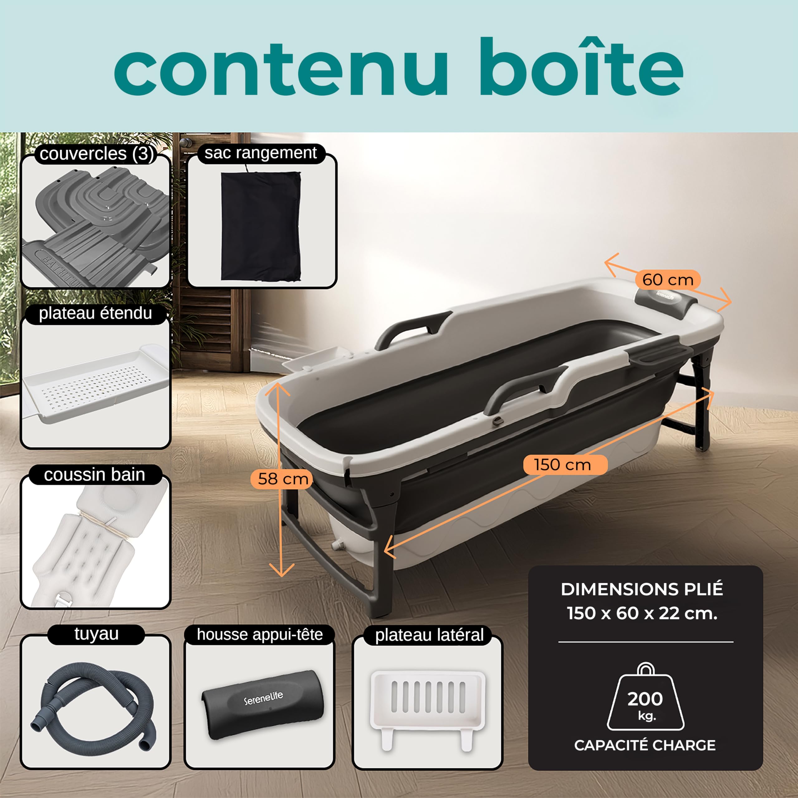 SereneLife Baignoire Pliable Adulte 152 cm, Baignoire Spa Portable avec Couvercle, LED, Douche Rechargeable, Coussin, Rouleaux de Massage et Vidange, jusqu'à 200 kg