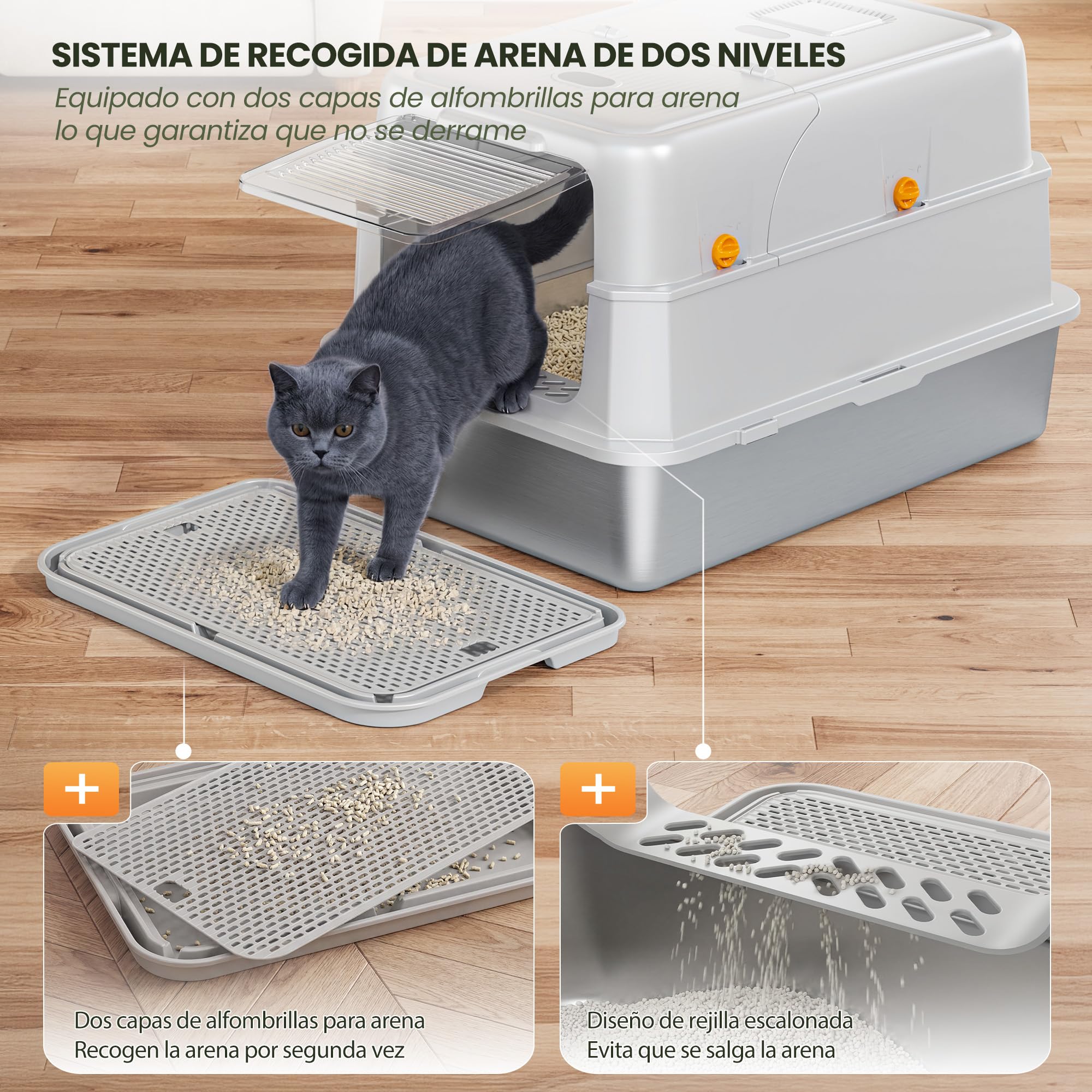 XXL Arenero Gato Cubierto de Acero Inoxidable– 3-en-1 Arenero Cerrado para Gatos con Tapa, con Filtro de Carbón Activo, Tapa Abatible 180°, Pala Metálica, Tapete, Antifugas, Sin Olores