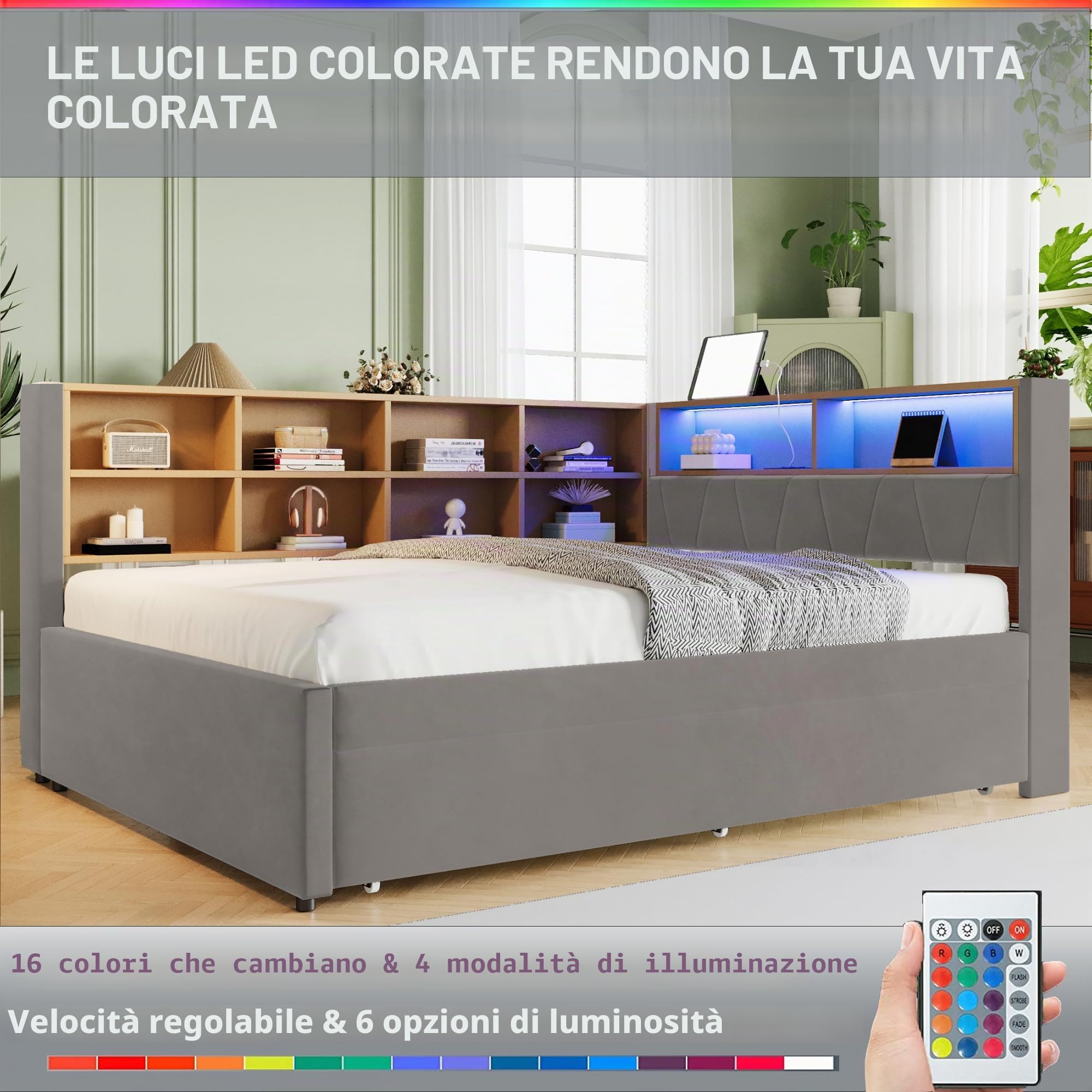 Letto imbottito Daybed 140x200cm, Divano letto con letto estraibile, Letto matrimoniale con luci LED, Prese e scomparti, Divano letto multifunzionale, Telaio del letto, Flanella (Grigio scuro