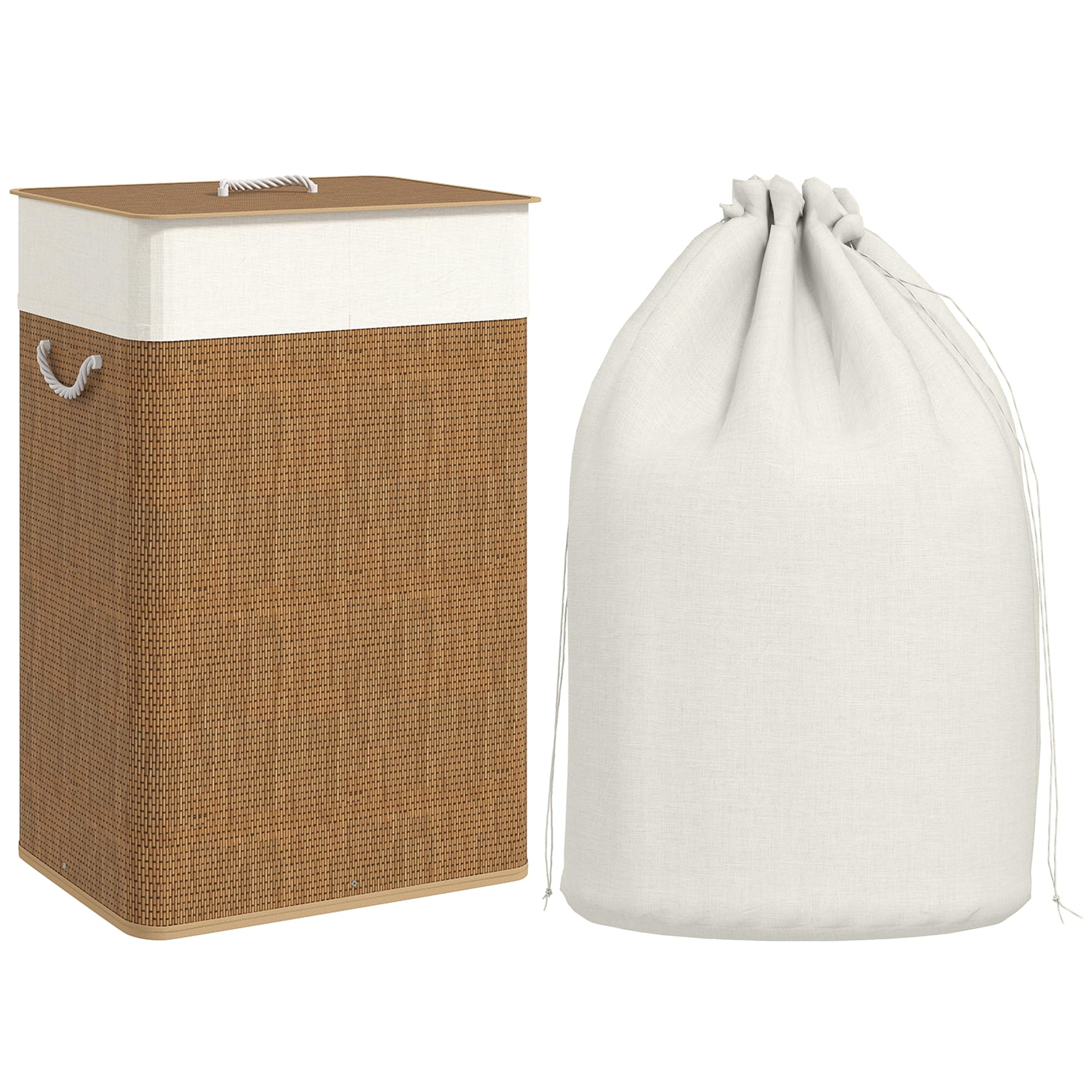 HOMCOM Bamboo Laundry Basket with Lid, 72L Laundry Hamper with Rope Handles, Washing Basket with Removable Washable Liner Bag for Bathroom, Bedroom, Brown