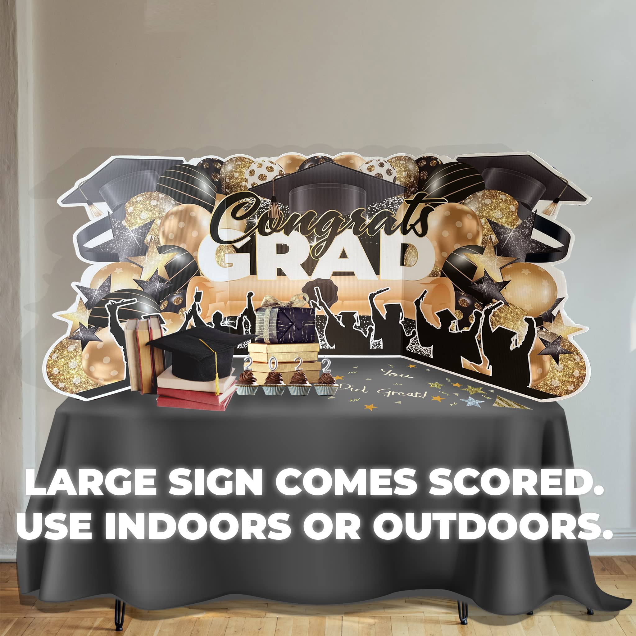 VictoryStore Tarjetas de graduación EZ Yard de gran tamaño, cartel de felicitación de 36 x 72 pulgadas, plástico corrugado impermeable, incluye estacas (dorado)