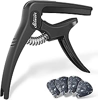 Vista 1 de Cejilla exclusiva de obsidiana negra 'Dark Knight' resistente con 4 púas, clip para guitarra clásica, ukelele, mandolina, banjo