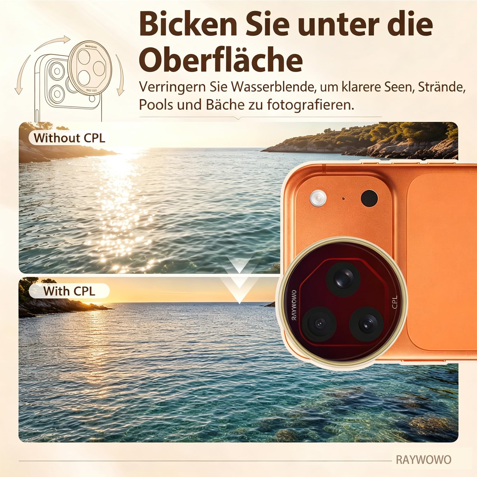 Filtro CPL con anello adattatore magnetico – adatto per iPhone 17 Pro (Cosmic Orange)
