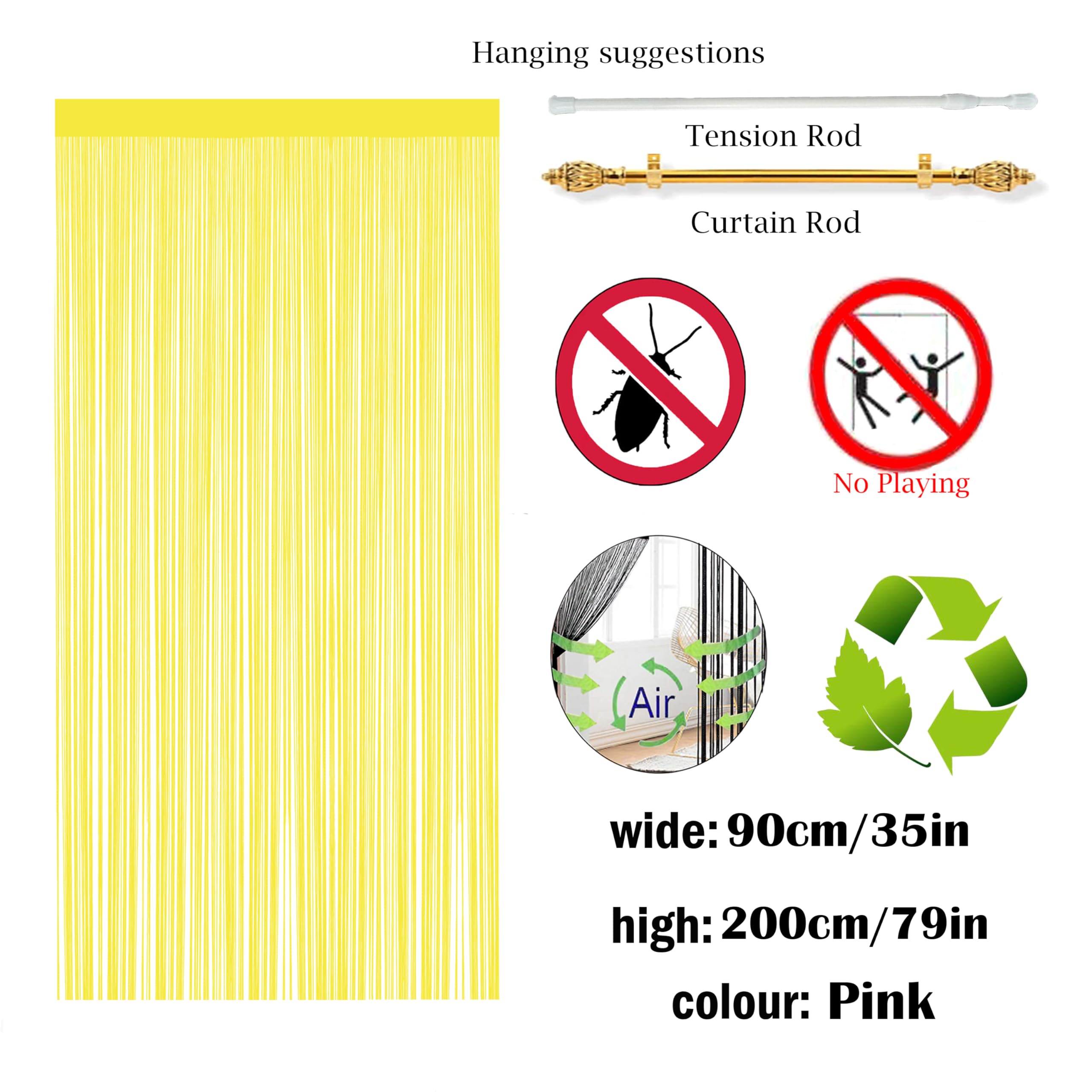 QiBoYuYe Fly Screen Curtains For Window String Flies Doors Decorations Room Dividers Doorways Panel Bedroom Living Closet Drapes (Yellow - Image 3