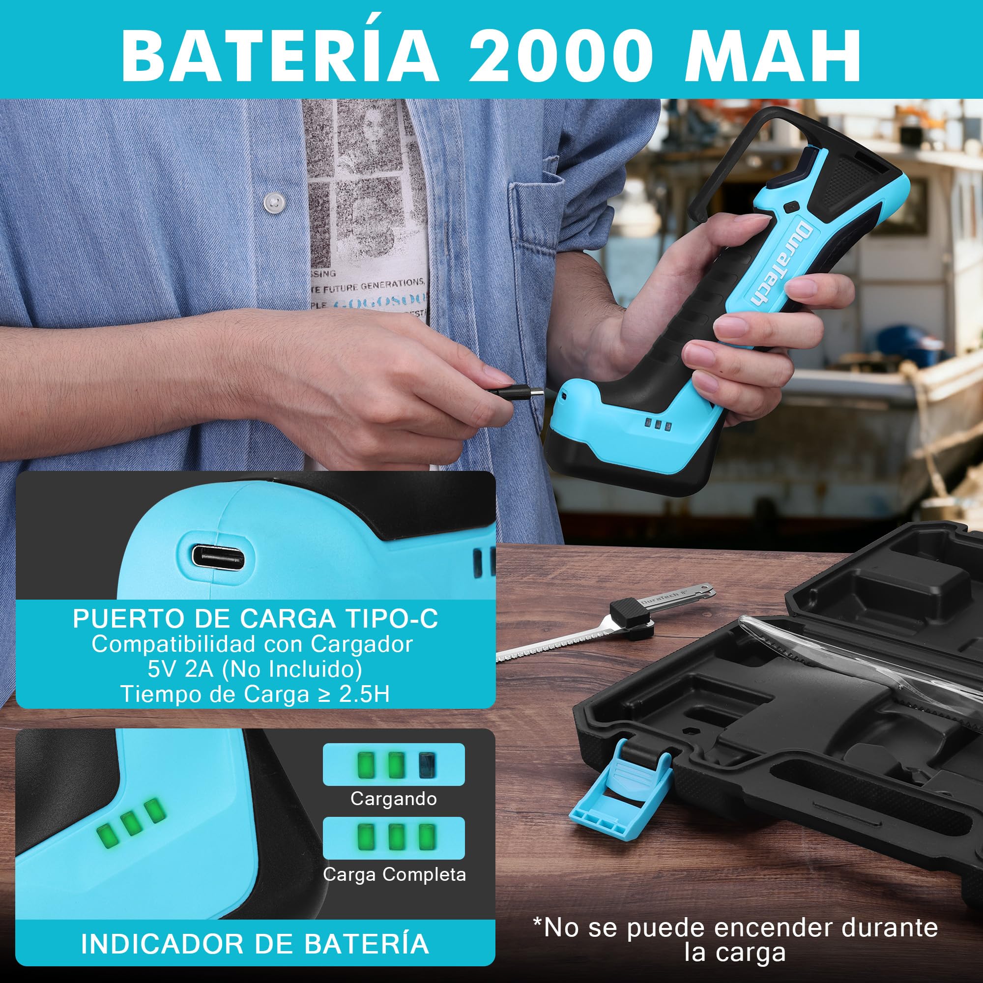 DURATECH 12V Coltello Elettrico da Cucina Senza Fili, Coltello Sfilettare Pesce con Lame da 20cm e 25cm, Batteria Integrata 2000mAh, Type-C, Blocco di Sicurezza,Ideali per Pescatori, Chef