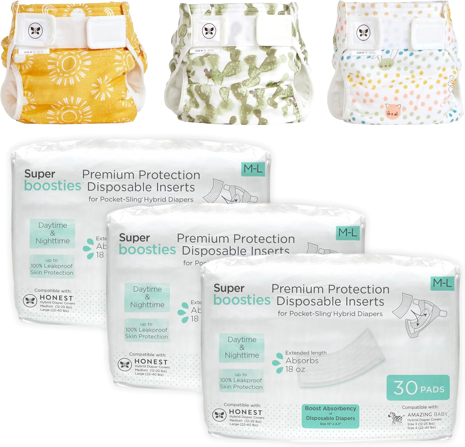 Super Boosties 90ct + Honest Hybrid Cloth Diaper Cover with Pocket-Sling, Medium (12-25 lbs), Stops Nighttime Leaks, Boosties Disposable Diaper Inserts, Honest Cotton Muslin Covers, 3 Pack