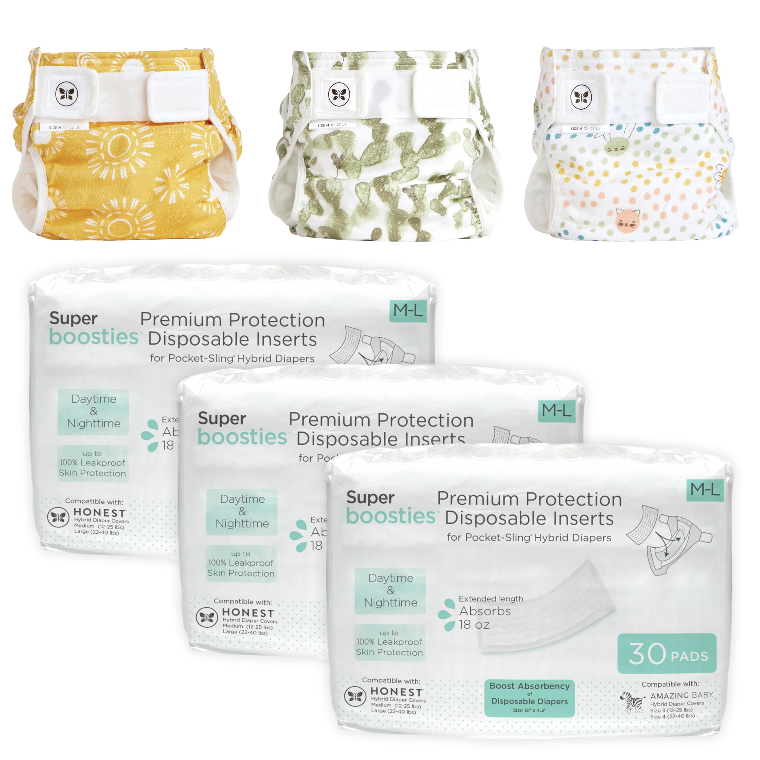 Super Boosties 90ct + Honest Hybrid Cloth Diaper Cover with Pocket-Sling, Medium (12-25 lbs), Stops Nighttime Leaks, Boosties Disposable Diaper Inserts, Honest Cotton Muslin Covers, 3 Pack