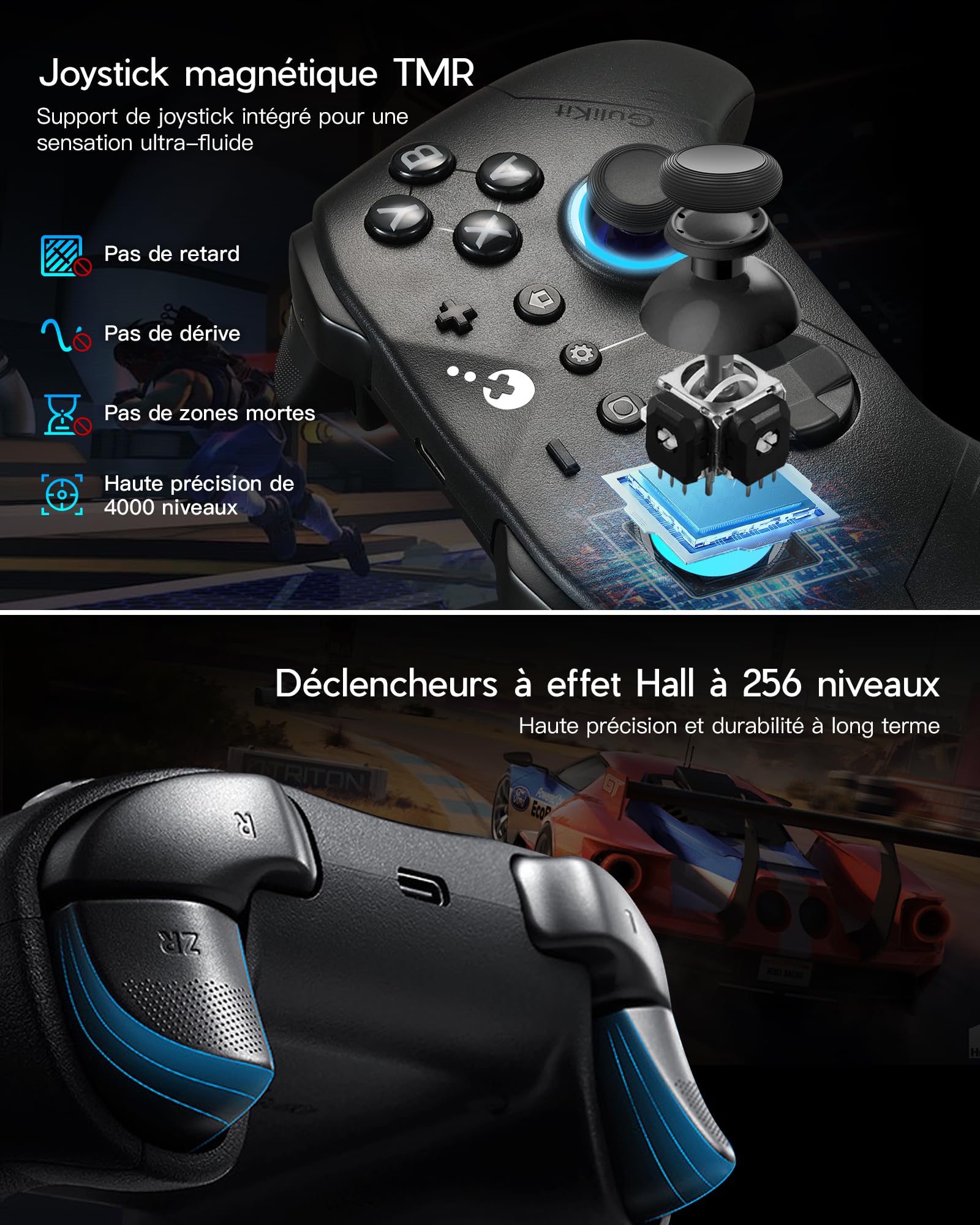 GuliKit ES PRO Manette Sans Fil pour PC Switch 1/2 Android – La manette la plus Rapide avec une Latence de 3,25 ms, Des Joysticks TMR, une Autonomie de 30 Heures et une Fonction de Réveil