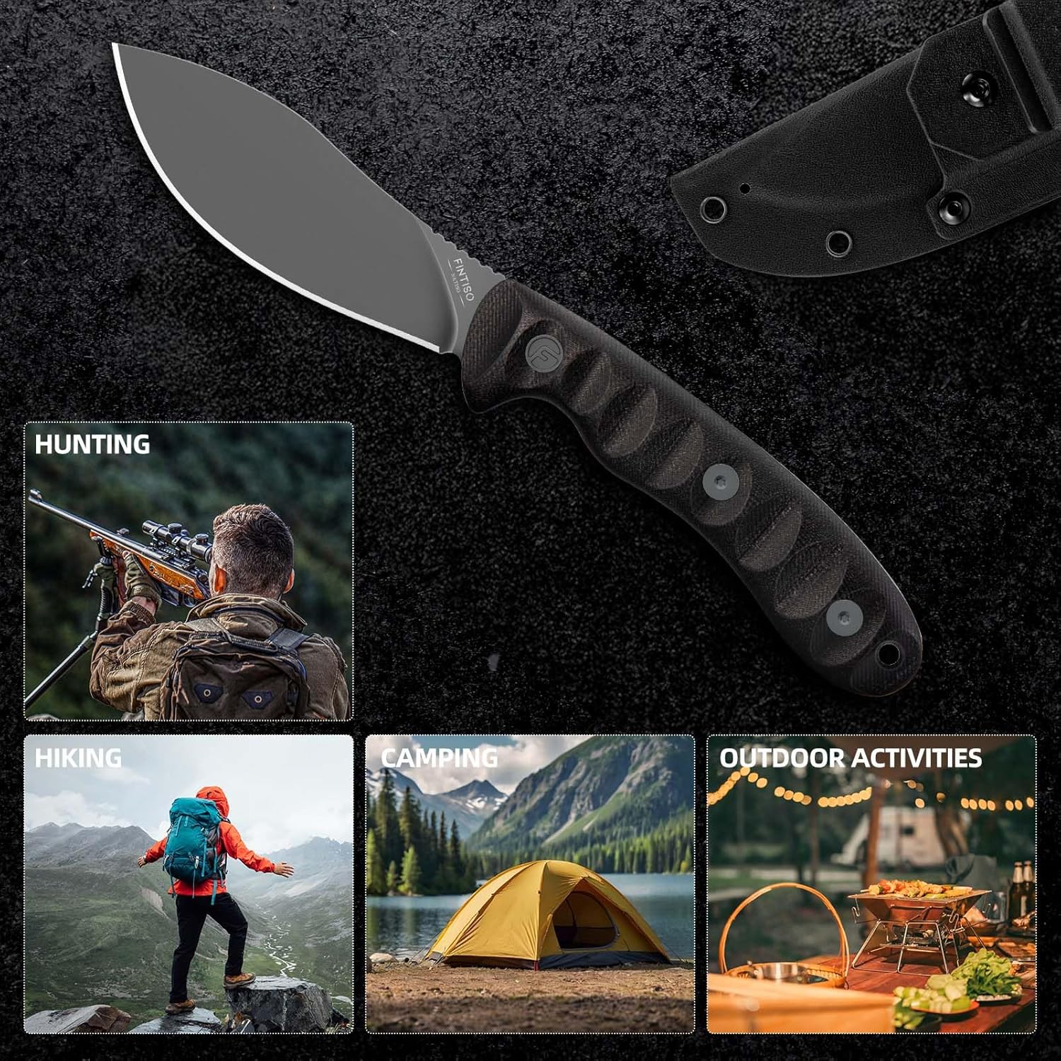 FINTISO Nazar Fixed Blade Knife with Kydex Sheath, 4.24" 14C28N Blade Black G10 Handles, Titanium-coated, Full Tang Design, Lanyard, for Men Outdoor Activities, Camping, Hiking, EDC Carry.