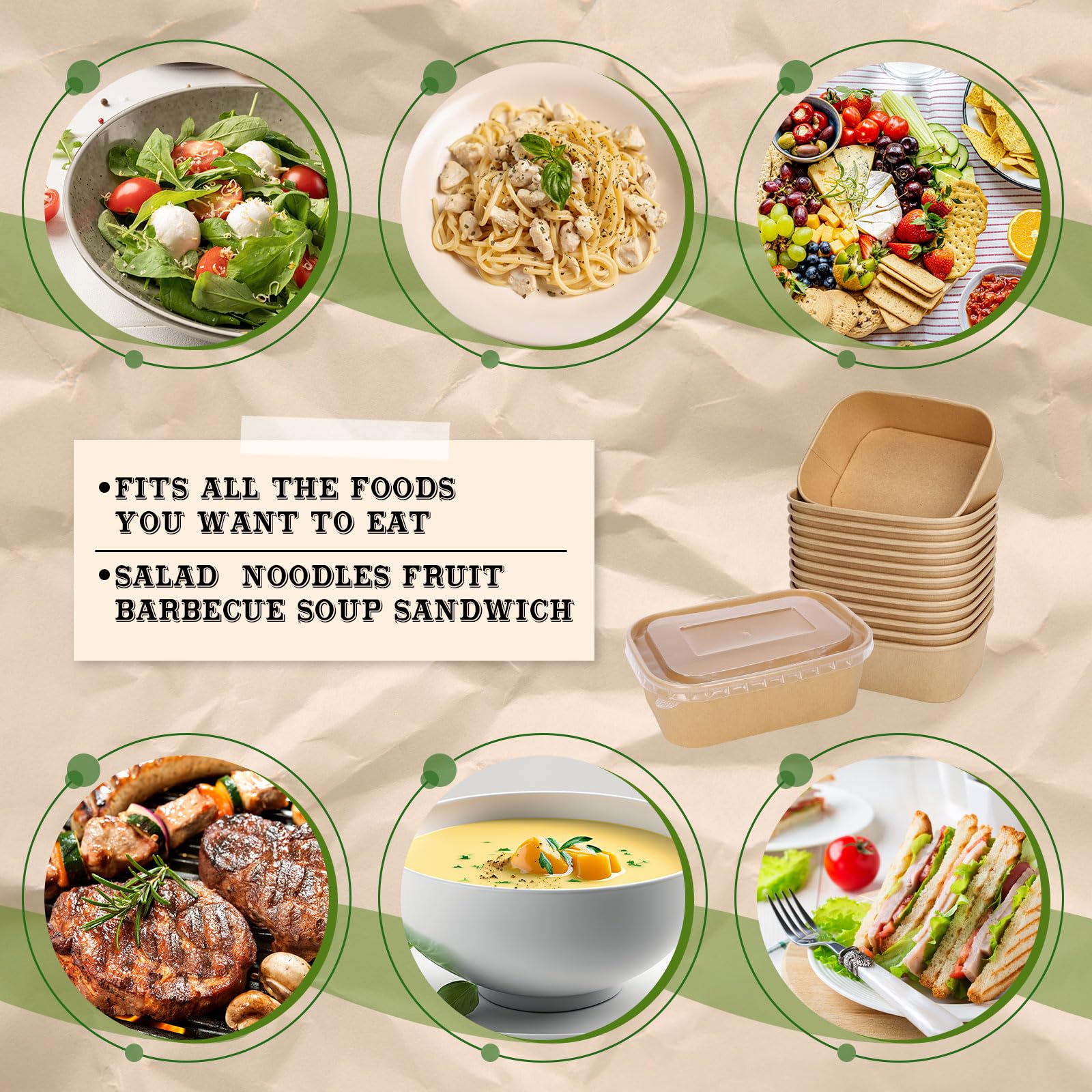FYSUIMU 100 cuencos desechables de papel kraft de 26 onzas con tapas, recipientes rectangulares para alimentos, cuencos de ensalada para el hogar, camping, restaurante, caliente y frío para llevar