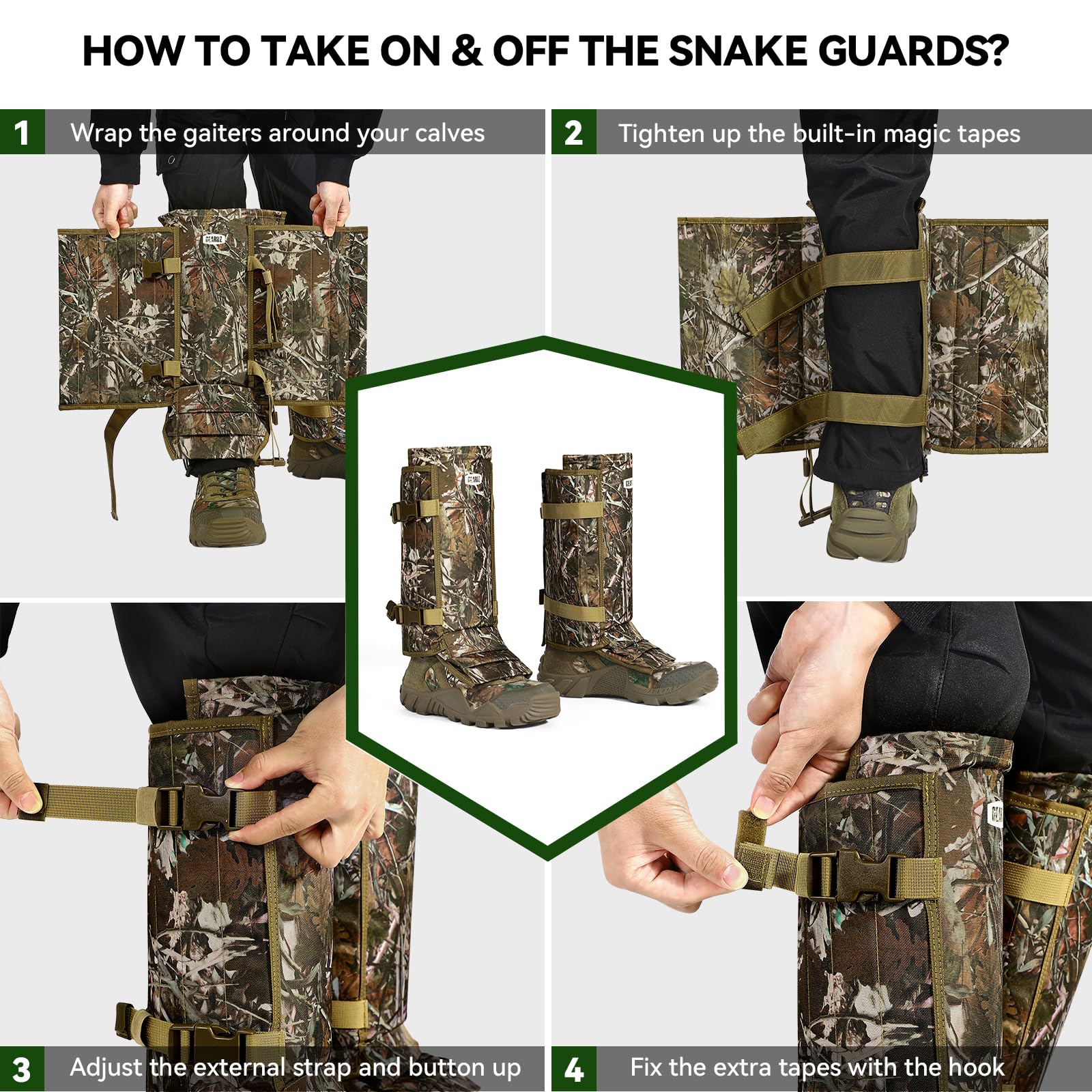 GearOZ Guêtres de protection imperméables pour jambes inférieures - Guêtres de protection contre les morsures de serpent pour homme/femme, taille réglable pour la chasse, la randonnée, le travail