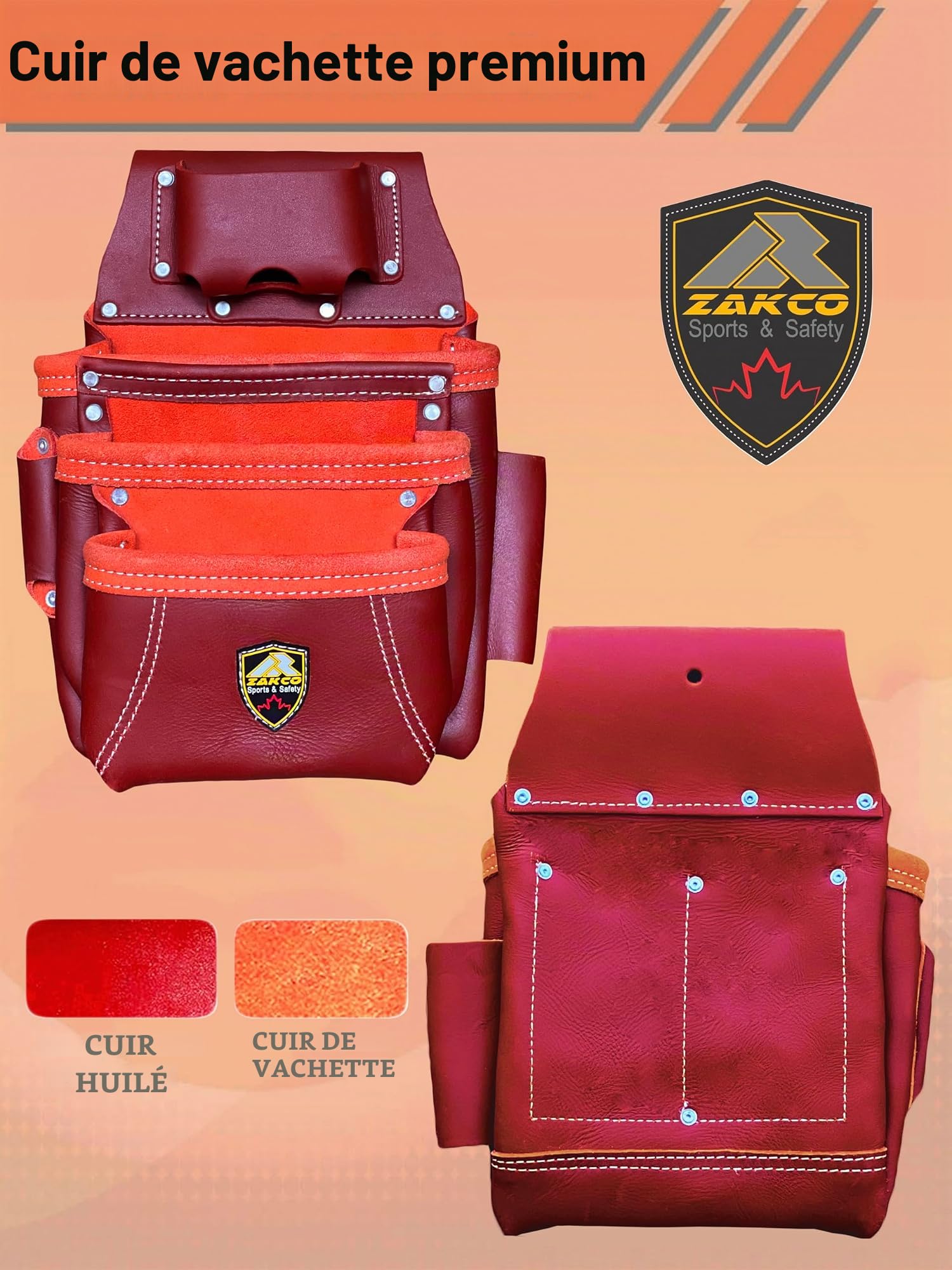 PRO-19 Ceinture à outils de construction multi-poches en cuir véritable grainé pour charpentiers, 2 pochettes en cuir pour encadreurs, bricoleurs, cloisons sèches et couvreurs