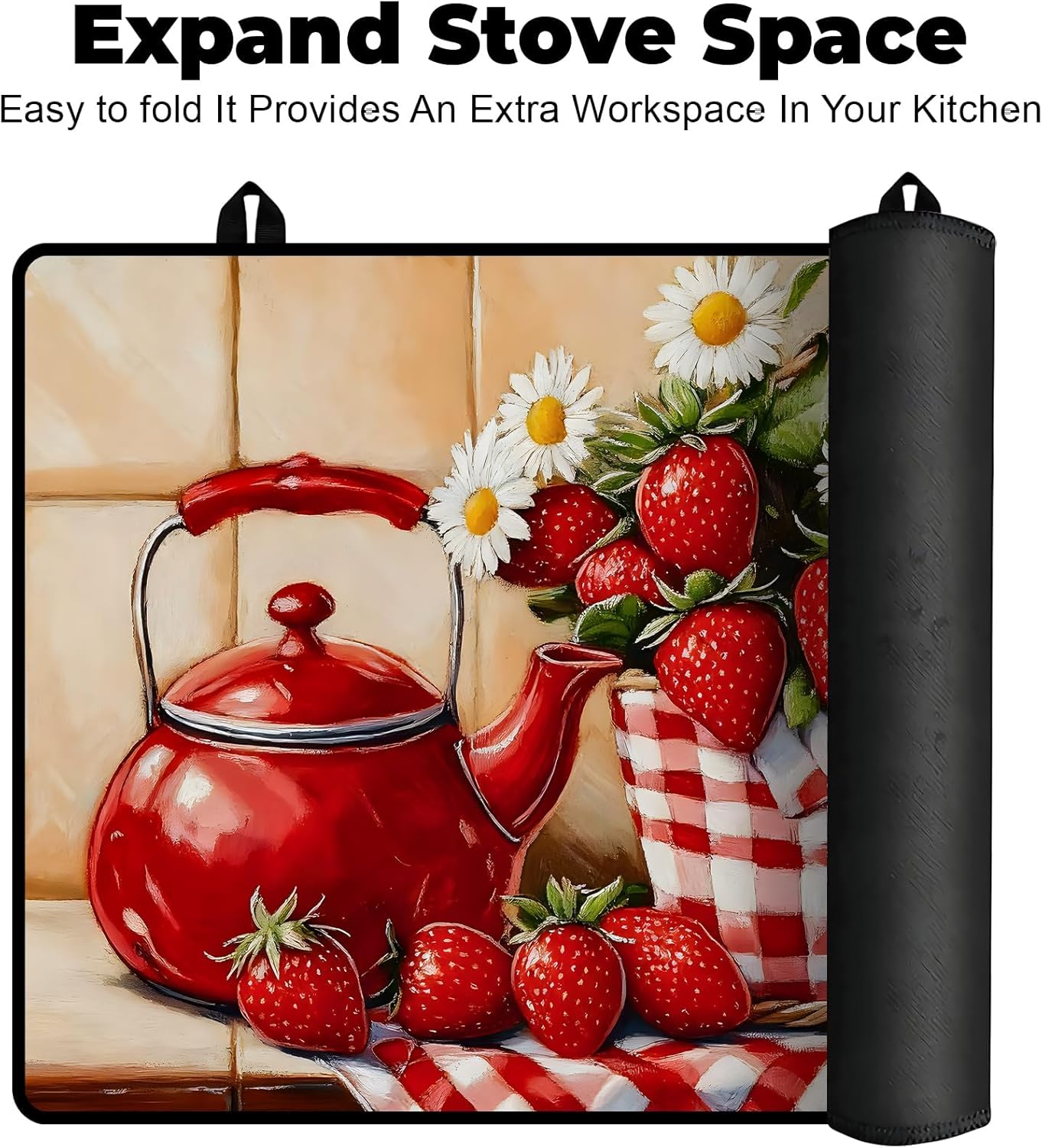 Heat-Resistant Stove Top Cover with Anti-Slip Rubber Coating – Electric Stove Protector, Scratch-Resistant, Expands Counter Space (Strawberry, 28.5"L x 20.5"W)