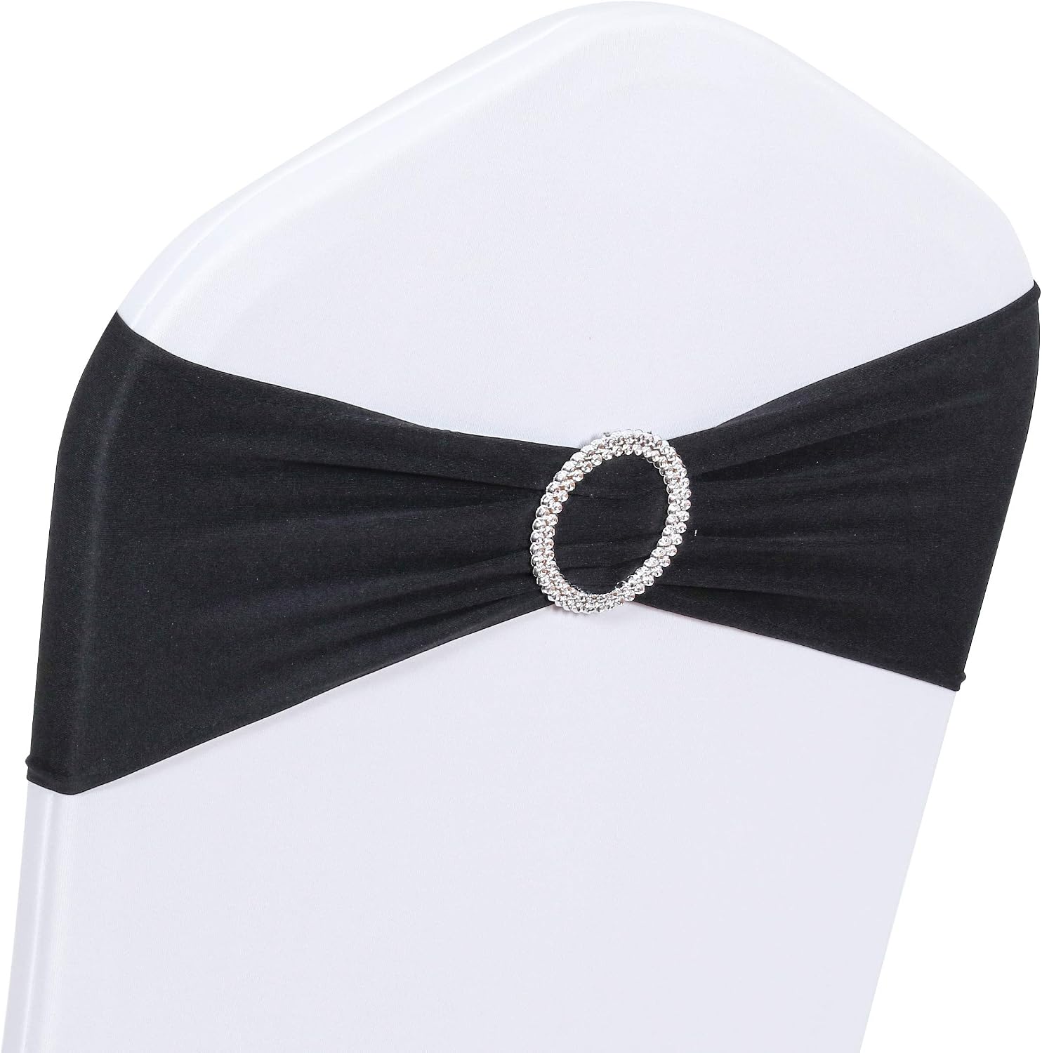 Obstal 10 PCS Spandex Stretch Chair Sashes Bows for Wedding Reception- Universal Elastic Chair Cover Bands with Buckle Slider for Banquet, Party, Hotel Event Decorations Black Sashes