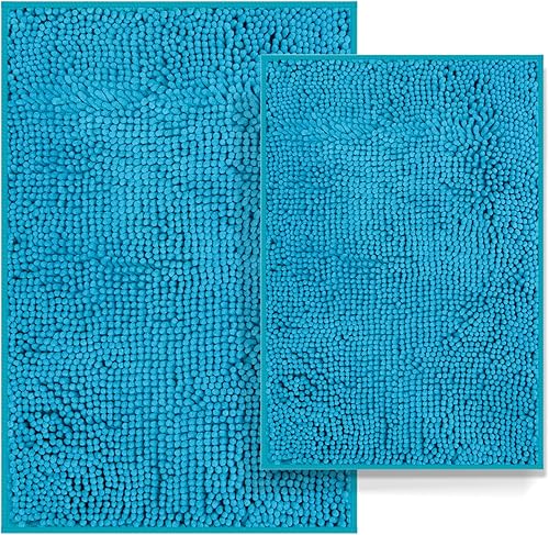 Juego de alfombras de baño azul turquesa de 2 piezas, juego de alfombras de baño lavables, alfombras de baño gruesas y suaves de chenilla, alfombra