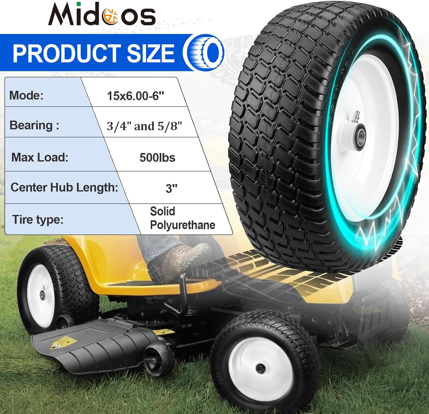 2pcs Solid 15x6.00-6 Flat Free Lawn Mower Tire And Wheel, 15x6-6 Riding Mower Tires With 3" Centered Hub For John Deere/Husqvarna/Craftsman Riding Mower, Lawn Tractor, With 3/4"& 5/8" & 1" Bearings