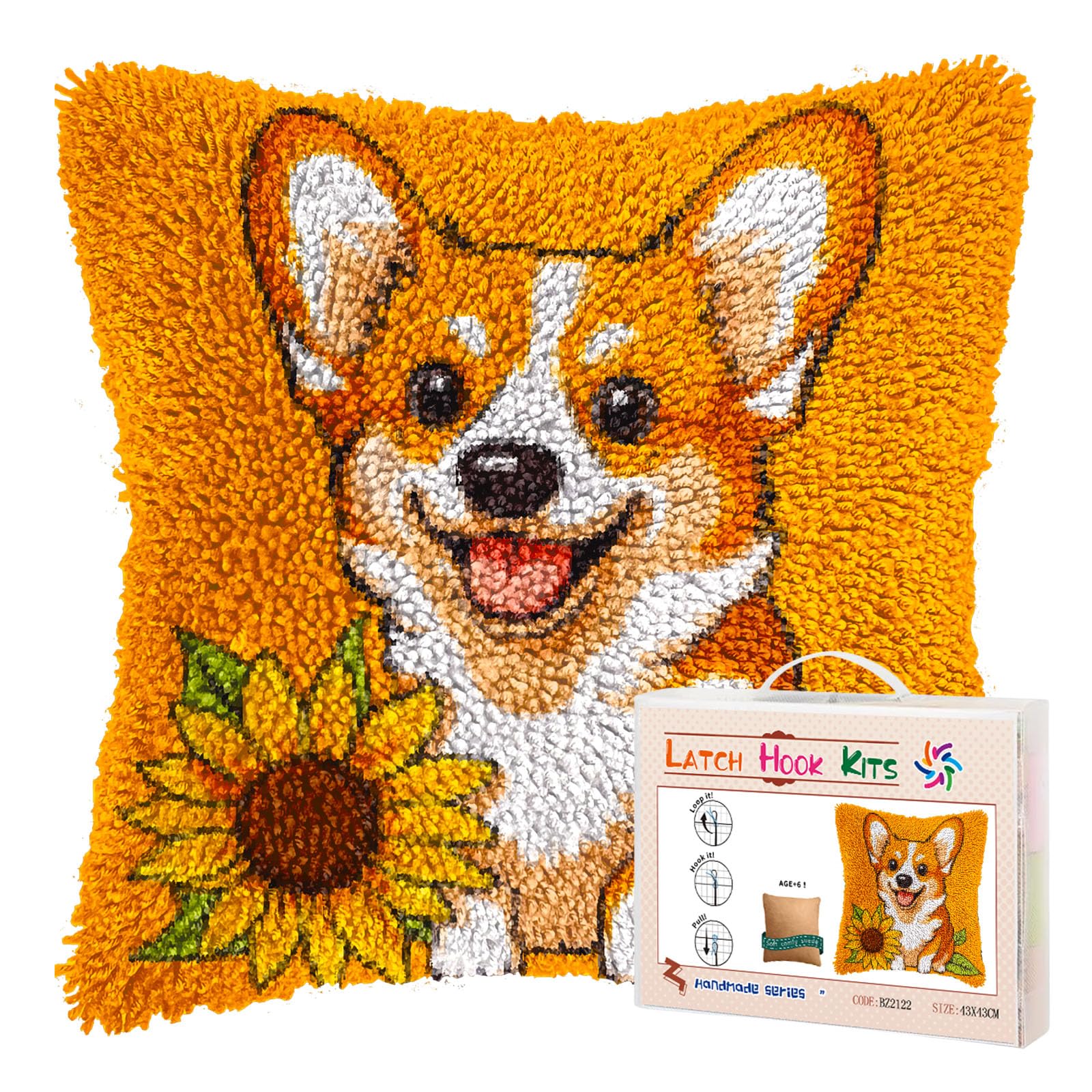 DIY Latch Hook Pillow Kits for Adults Welsh Corgi Dog with Sunflower Printed Pillowcase Crochet Yarns Hooking Handmade Pillow Cover Cushion for Home Sofa Decoration 17x17inch-1