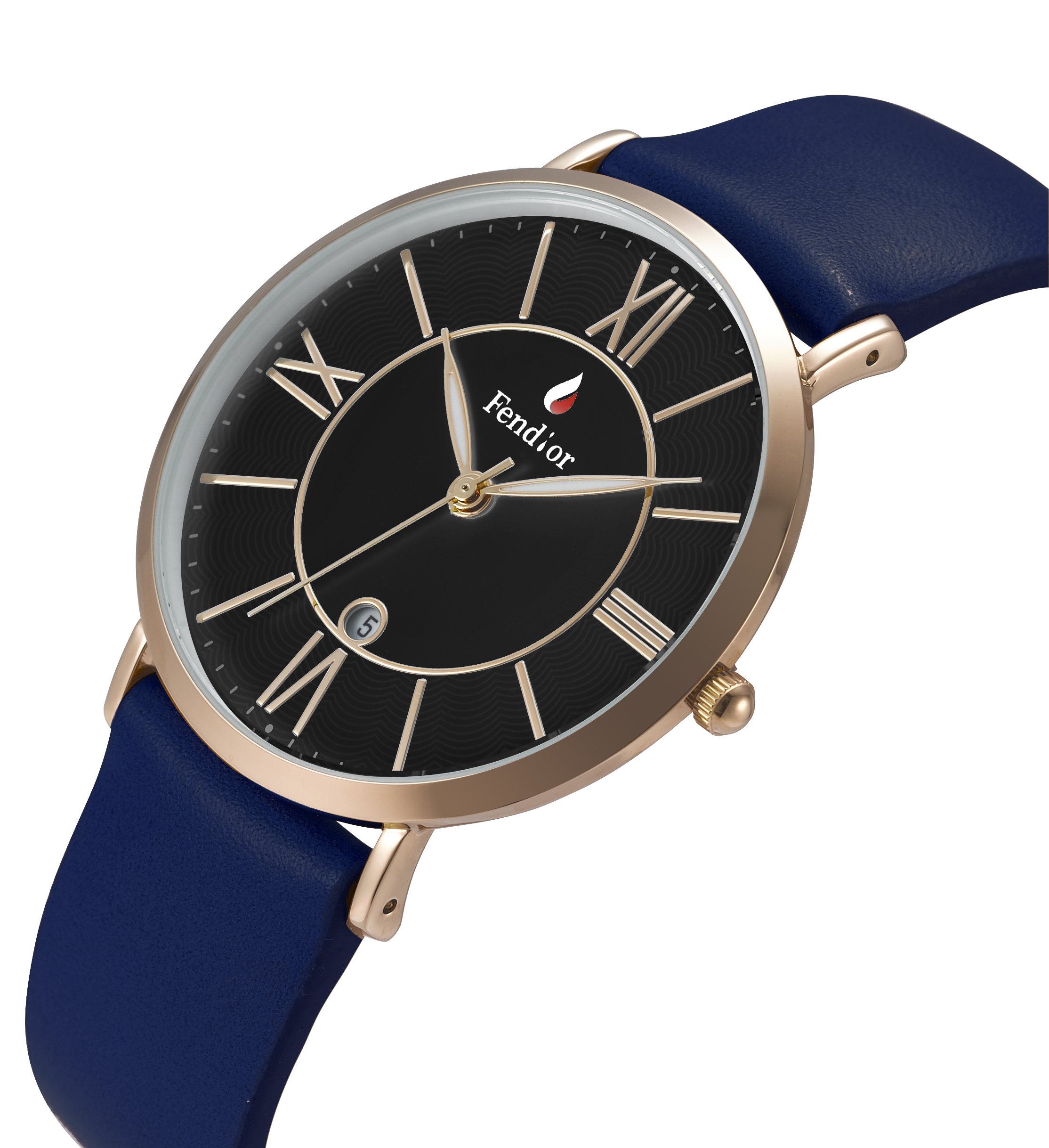 Men's Watch Blue Genuine Leather Strap Black Analog Display Quartz 40mm Case Rose Gold Bezel With Date 3ATM Water Resistance Wrist Watch