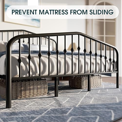 Miniatura 12 de WEEWAY Marco de cama de plataforma de metal tamaño Queen con cabecera y estribo de hierro forjado de estilo vintage, no necesita somier, fácil