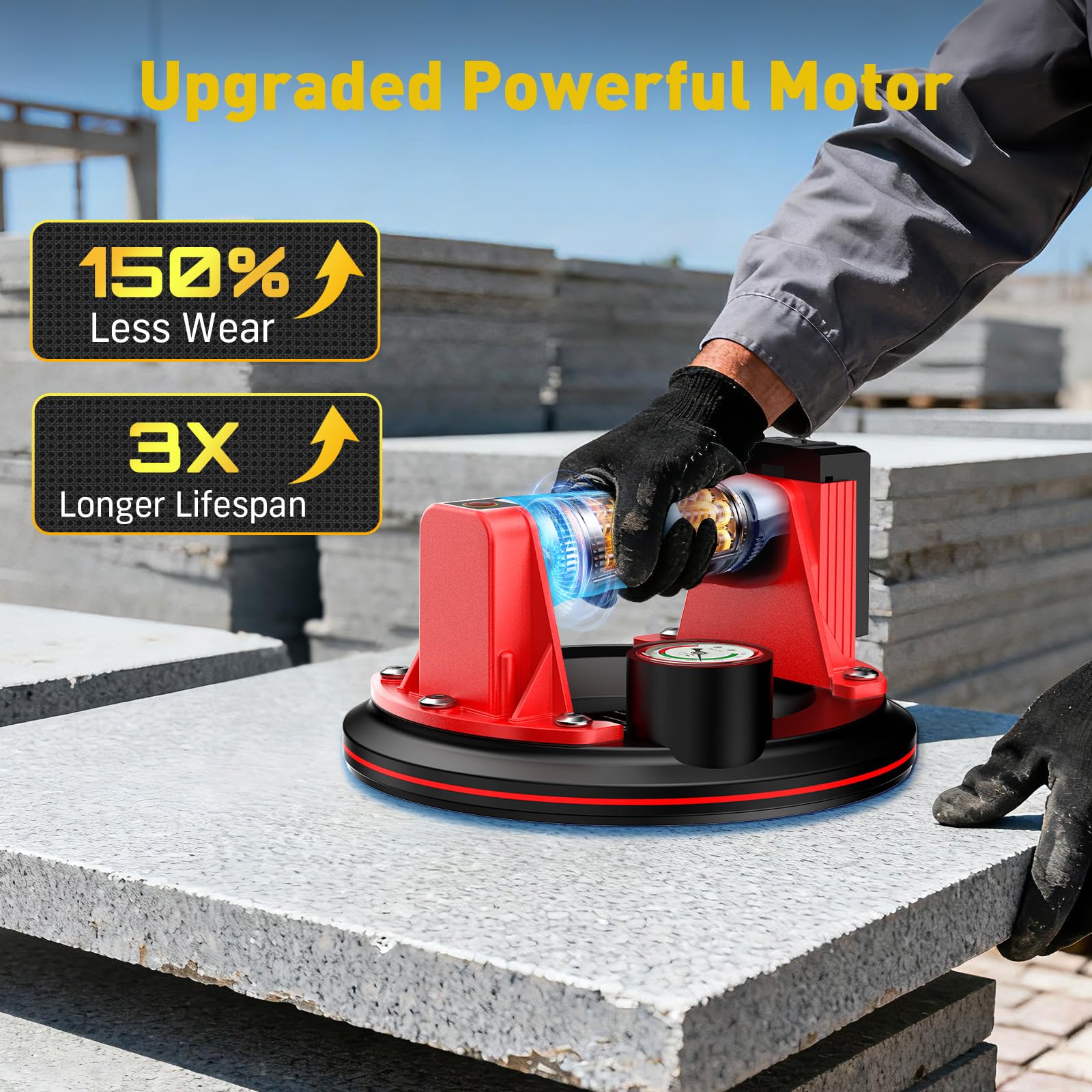 Ventosa per Piastrelle con Manometro, Ventosa Elettrica per Vetro-270KG di Aspirazione-Batteria da 4 x 2400mAh-Ventosa per Sollevamento Vetro, Granito, Piastrelle, Metallo (Rosso)