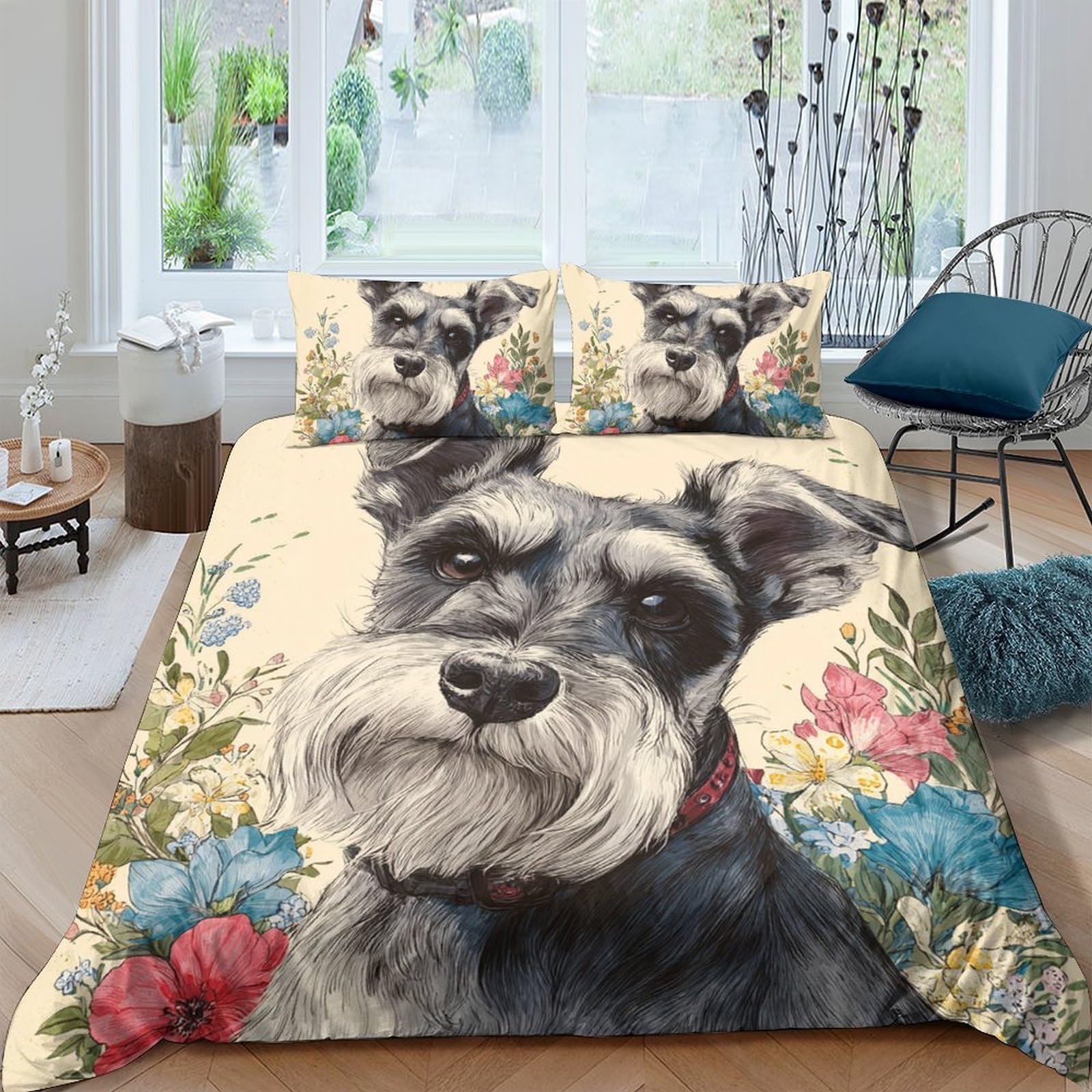 Ctjqhvkz Style-7 3D Printed Schnauzer Dog Fitted Sheet Microfiber Soft Floral Bed Cover For Bedroom Guest Room Decor Easy Care Single（135X200cm）
