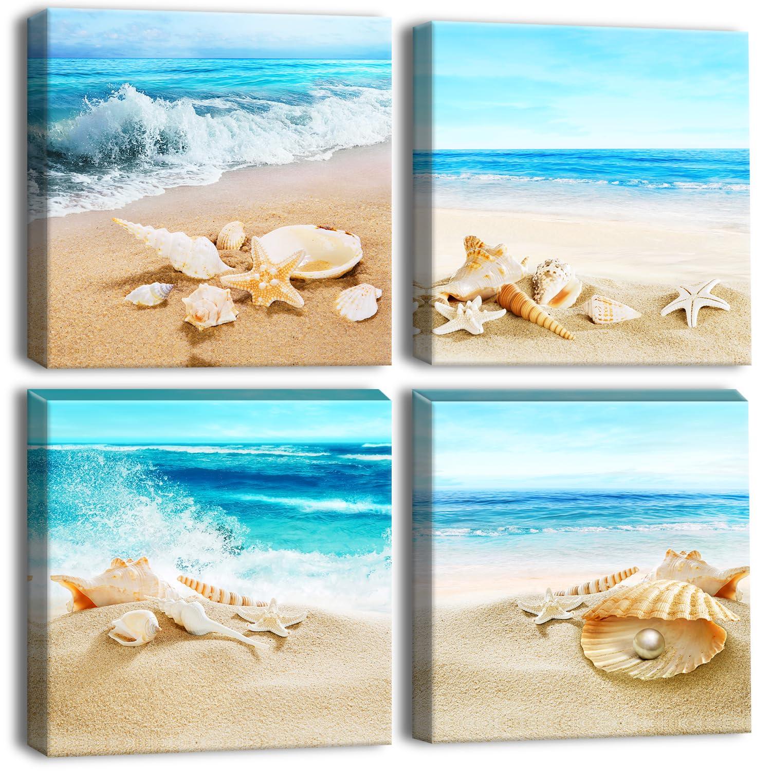 Artscope 4 Pieces Wall Art Canvas Prints - Beach Shells and Sea Picture Painting- Modern Wall Artwork Framed for Bathroom Home Office Decor - 30 x 30 CM