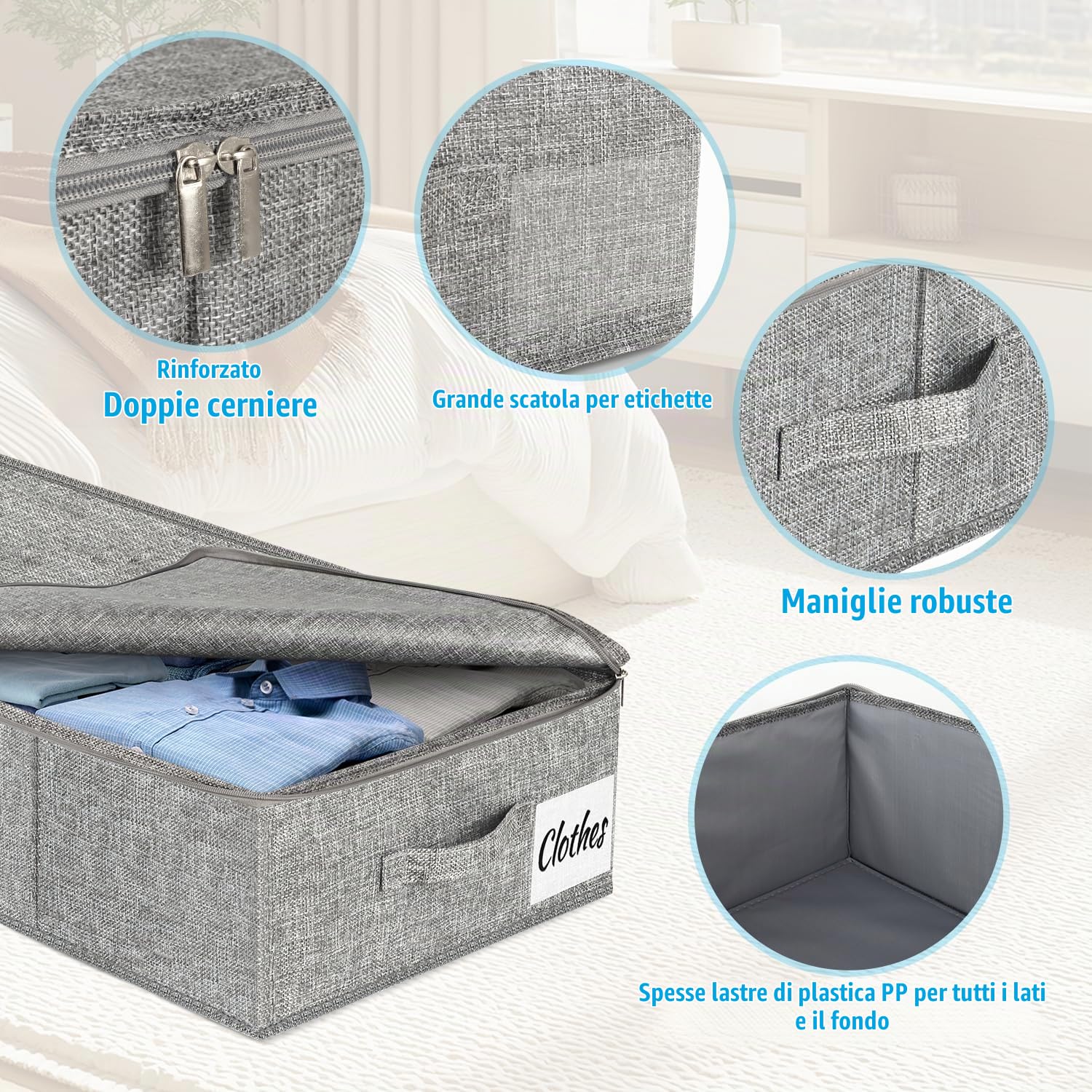 Scatola portaoggetti sotto il letto, con coperchio, 3 pezzi, pieghevole, lavabile, 3 manici, doppia chiusura lampo, per Dorm and Home, 76 x 38 x 17 cm